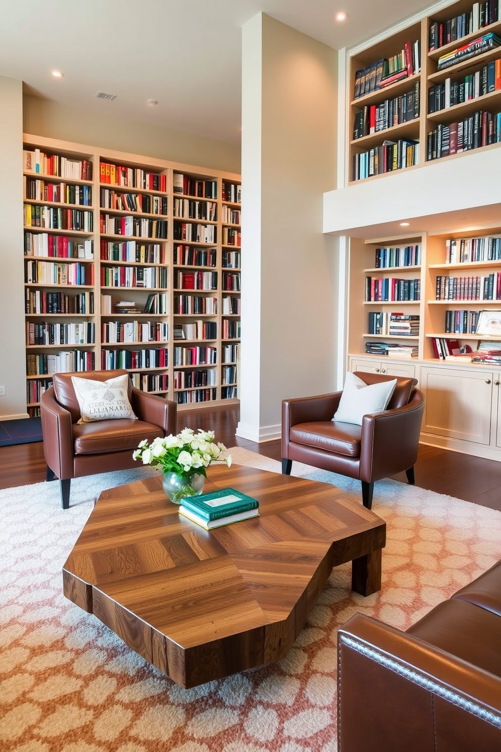 A unique coffee table made of reclaimed wood with a geometric design adds a touch of style to the space. The table is complemented by a pair of elegant leather armchairs and a soft area rug that ties the room together. The basement home library features floor-to-ceiling bookshelves filled with a curated selection of books. A cozy reading nook with plush cushions and warm lighting creates an inviting atmosphere for relaxation and study.