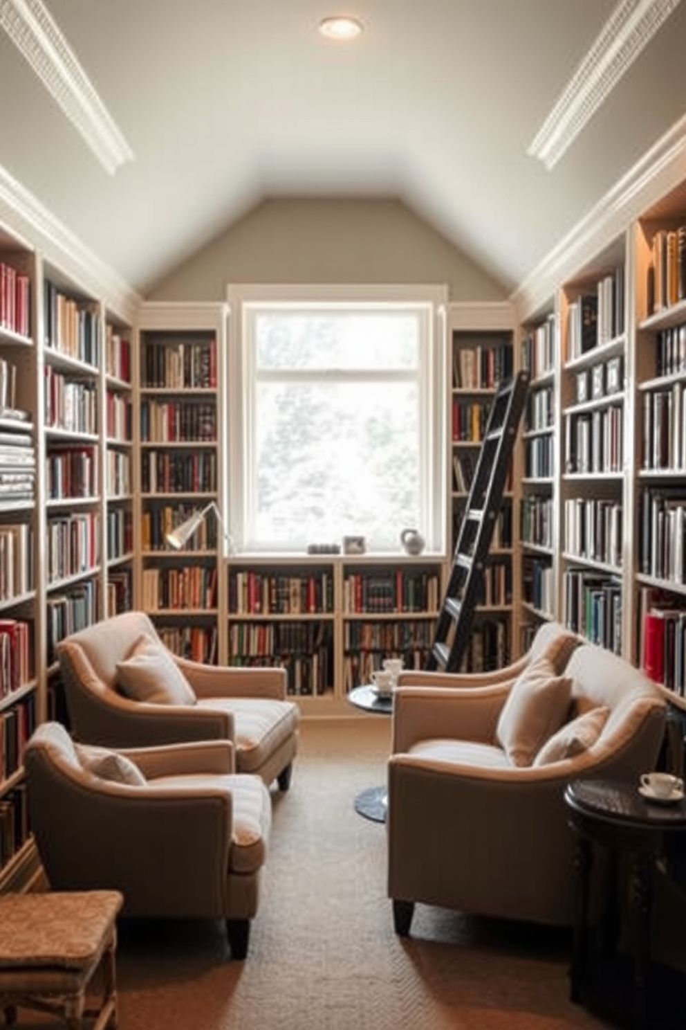 A cozy basement home library designed for quiet reading features a niche seating area with plush armchairs upholstered in soft fabric. A large window allows natural light to filter in, creating a warm and inviting atmosphere. The walls are lined with built-in bookshelves filled with an extensive collection of books, complemented by a stylish ladder for easy access. A small side table holds a reading lamp and a cup of tea, enhancing the serene reading experience.