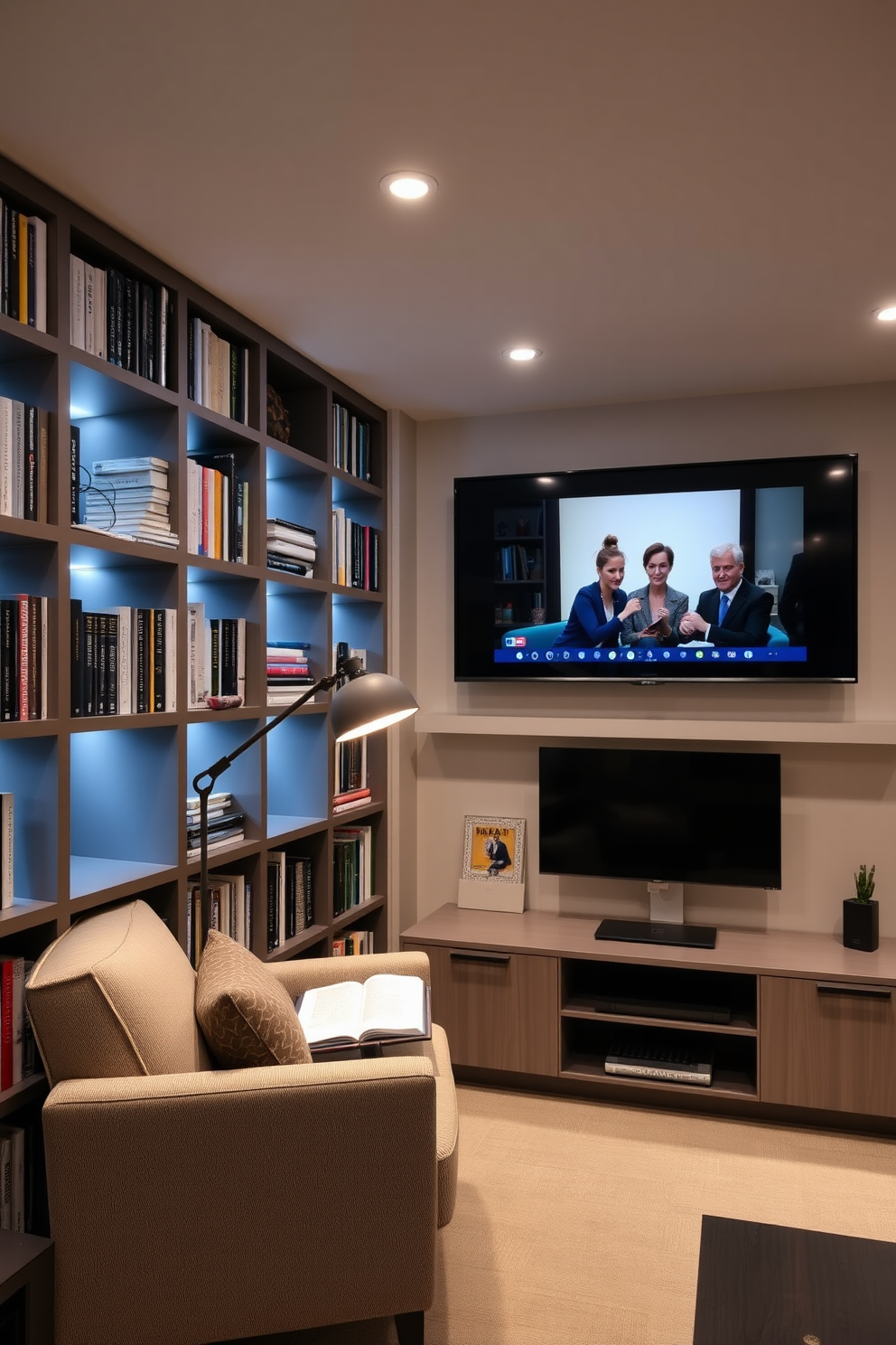 A modern basement home library featuring integrated technology for convenience. The space includes sleek shelving units filled with books, a comfortable reading nook with a high-tech adjustable reading lamp, and a large screen for streaming or video conferencing.