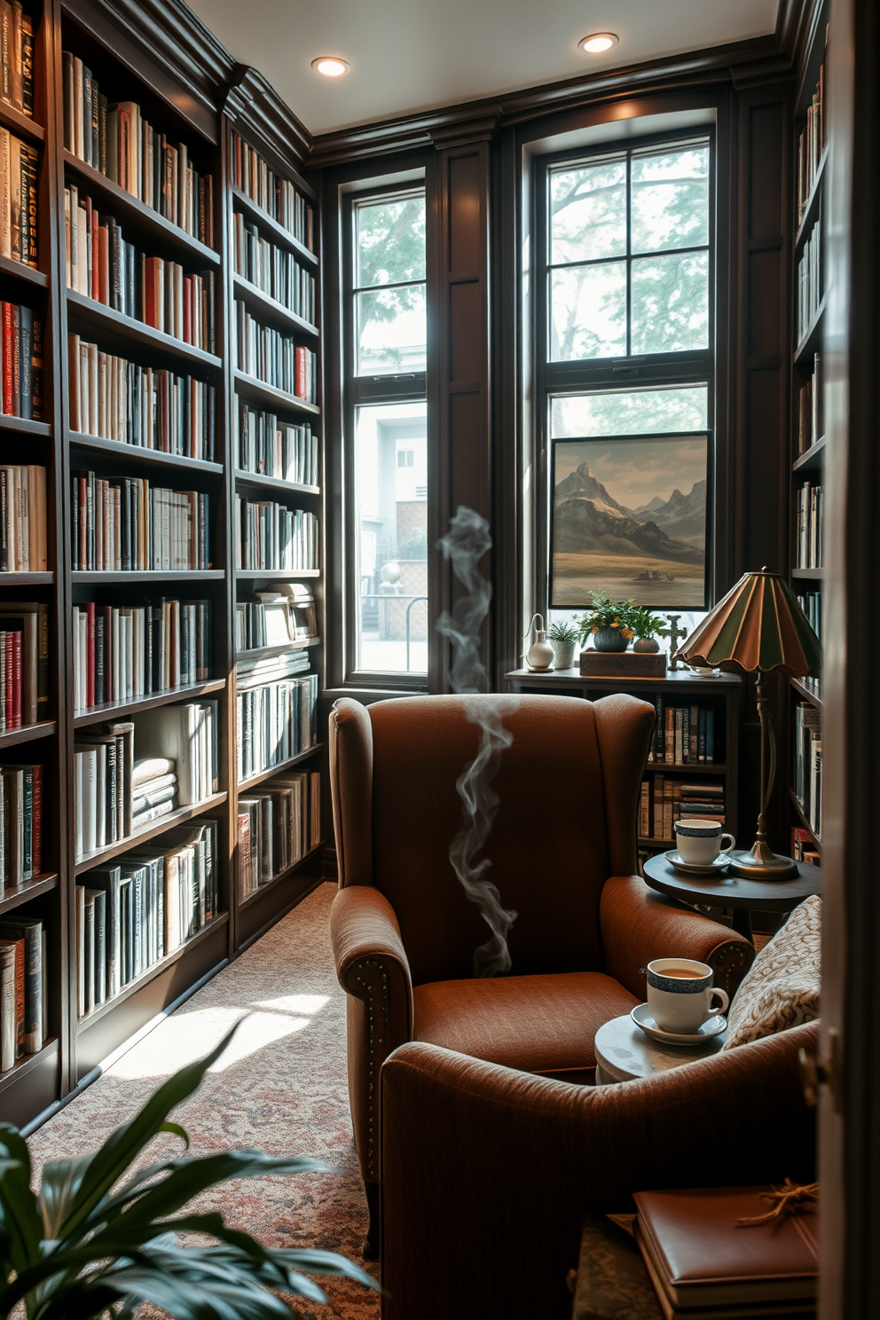 A cozy basement home library filled with natural light. The walls are lined with dark wooden bookshelves, showcasing an extensive collection of books and art pieces that inspire creativity. A plush reading nook features a comfortable armchair in a rich fabric, paired with a small side table holding a steaming cup of tea. Soft, ambient lighting enhances the inviting atmosphere, creating a perfect space for relaxation and inspiration.