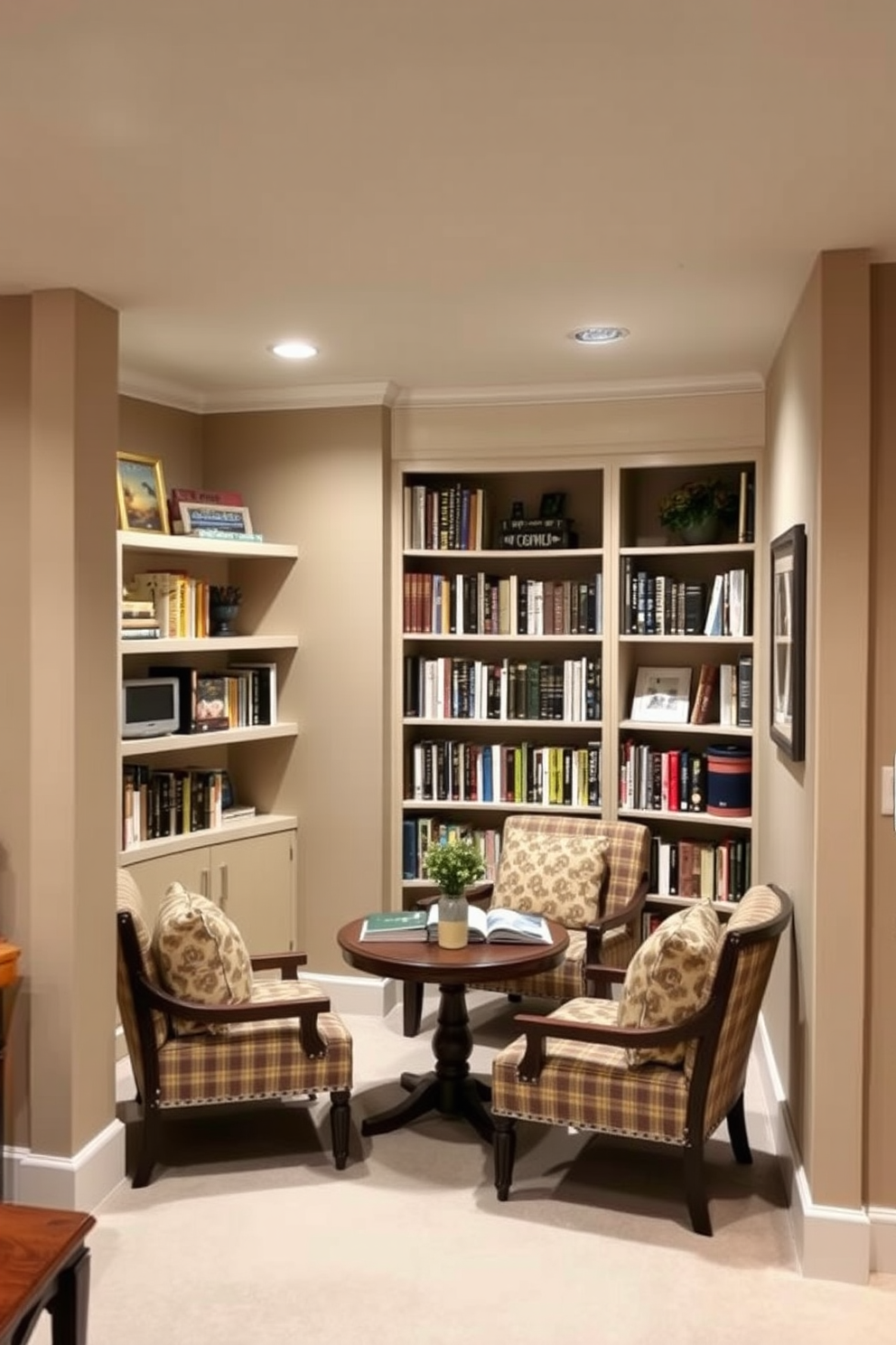 A cozy basement home library with creative use of space featuring corner shelves. The walls are painted in a warm taupe color, and comfortable seating is arranged around a small reading table.