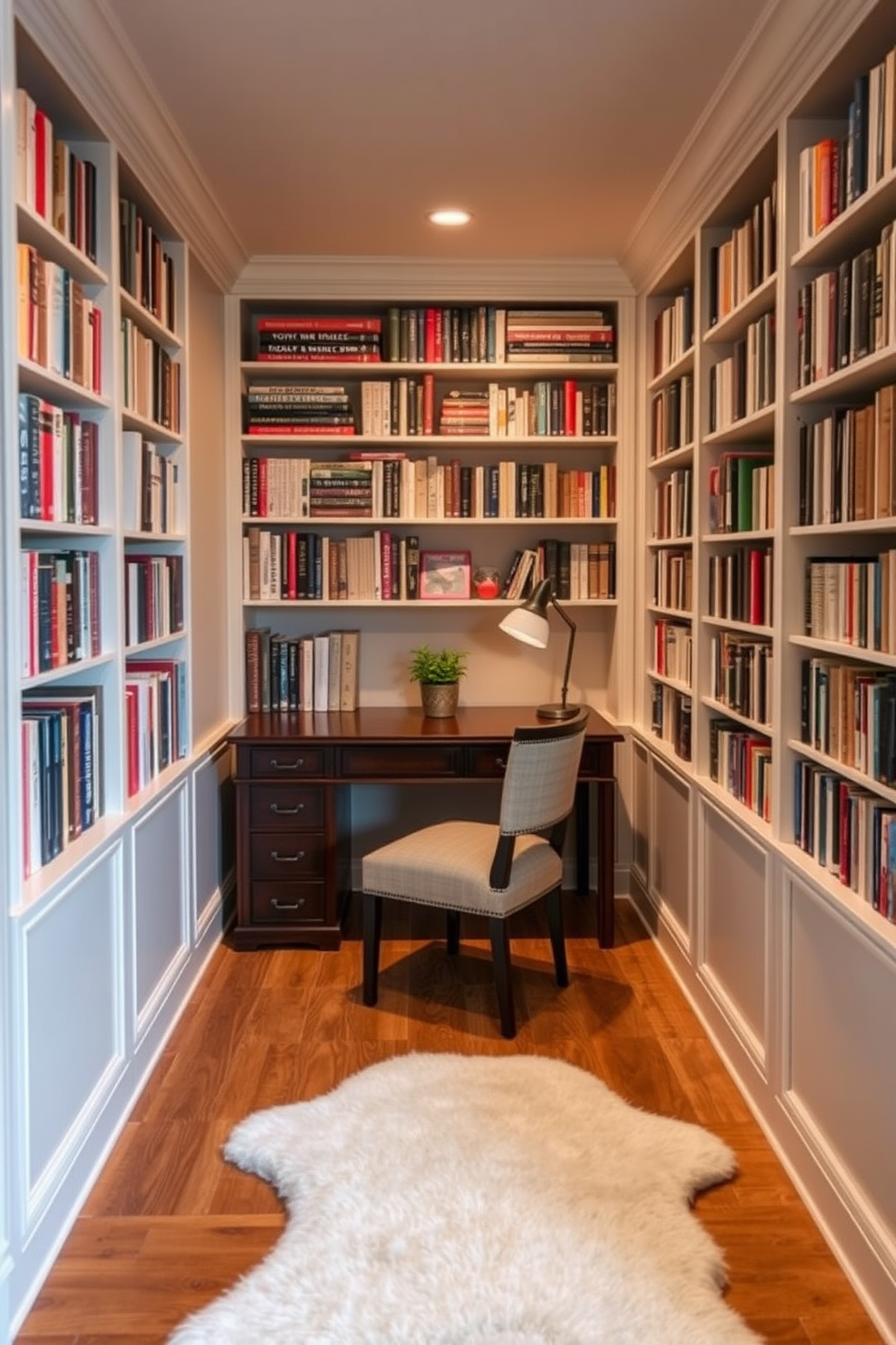 A cozy basement home library with a small study desk positioned against a wall. The desk is made of dark wood and features a comfortable chair, with bookshelves filled with various books lining the walls. Soft lighting illuminates the space, creating a warm and inviting atmosphere. A plush area rug lies beneath the desk, and a small potted plant adds a touch of greenery to the room.