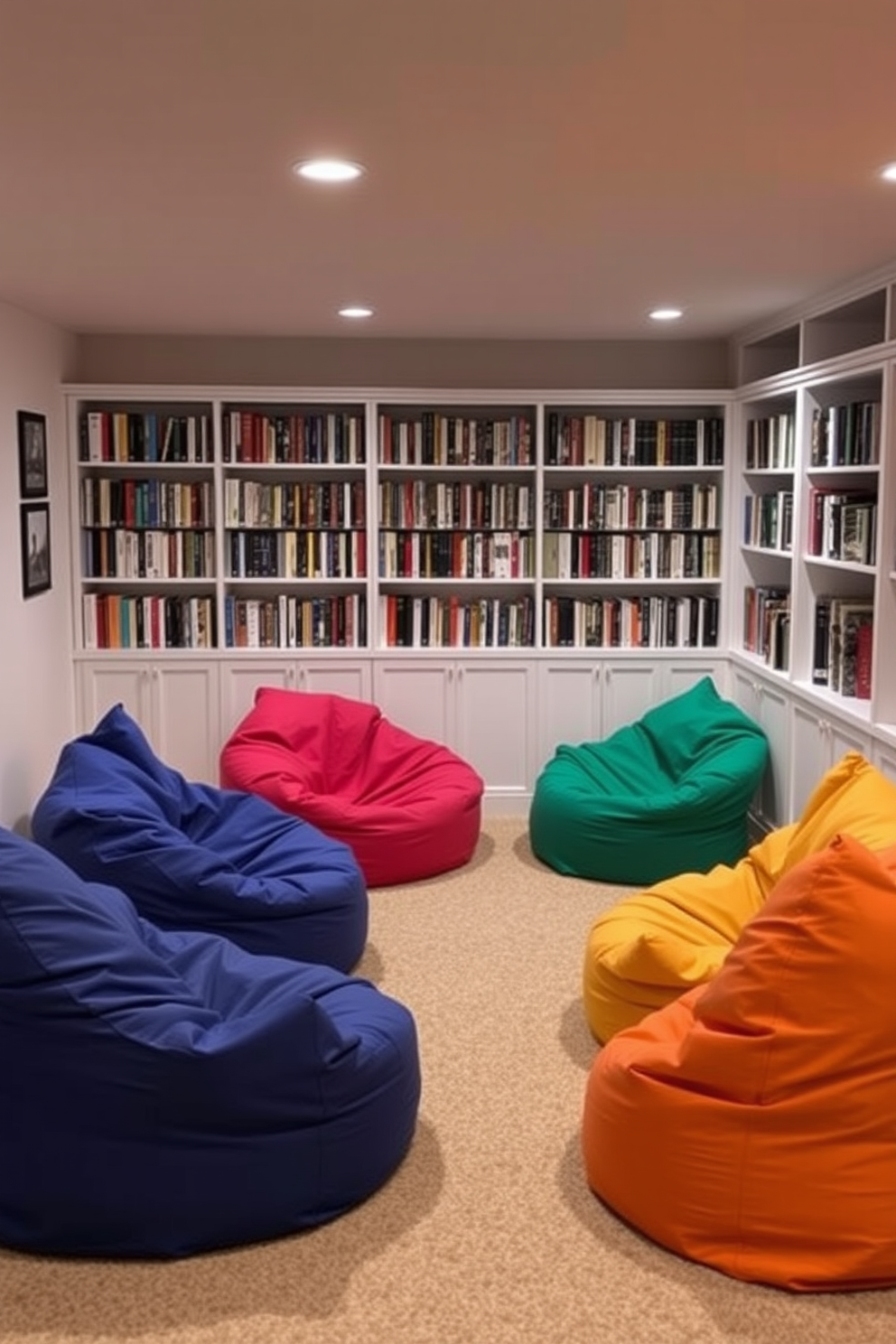 Playful bean bags in vibrant colors are scattered around a cozy basement home library. Shelves filled with books line the walls, and soft lighting creates an inviting atmosphere for reading and relaxation.