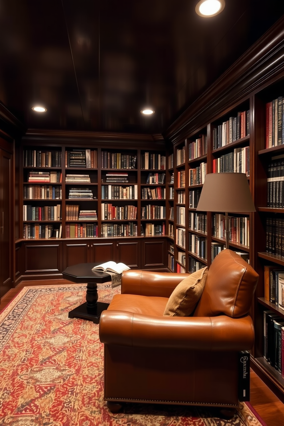 A cozy basement home library featuring dark wood paneling that exudes a classic and timeless ambiance. The room is filled with floor-to-ceiling bookshelves, showcasing an extensive collection of books, with a comfortable leather armchair positioned next to a small reading table.