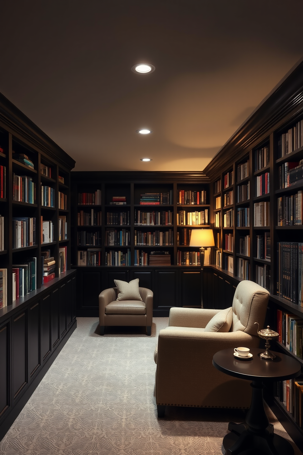 A cozy basement home library designed for evening reading sessions. Soft mood lighting illuminates the space, creating a warm and inviting atmosphere. Dark wood bookshelves line the walls, filled with an array of books. A plush armchair is positioned near a small side table, perfect for holding a cup of tea.