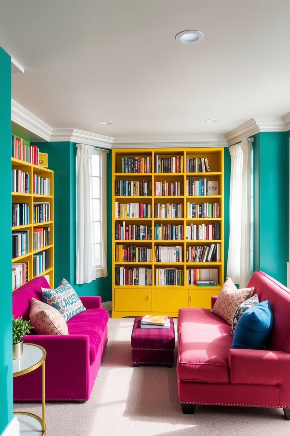 A bright and inviting basement home library features bold accent colors that energize the space. The walls are painted in a vibrant teal, complemented by a striking yellow bookshelf filled with an array of books. Plush seating in a rich magenta hue creates a cozy reading nook, inviting relaxation. Large windows with sheer white curtains allow natural light to flood the room, enhancing the lively atmosphere.