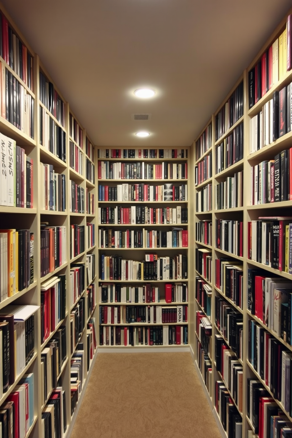 A cozy basement home library features floor-to-ceiling bookshelves filled with a diverse collection of books. Soft ambient lighting highlights the shelves, creating a warm and inviting atmosphere for reading and relaxation.