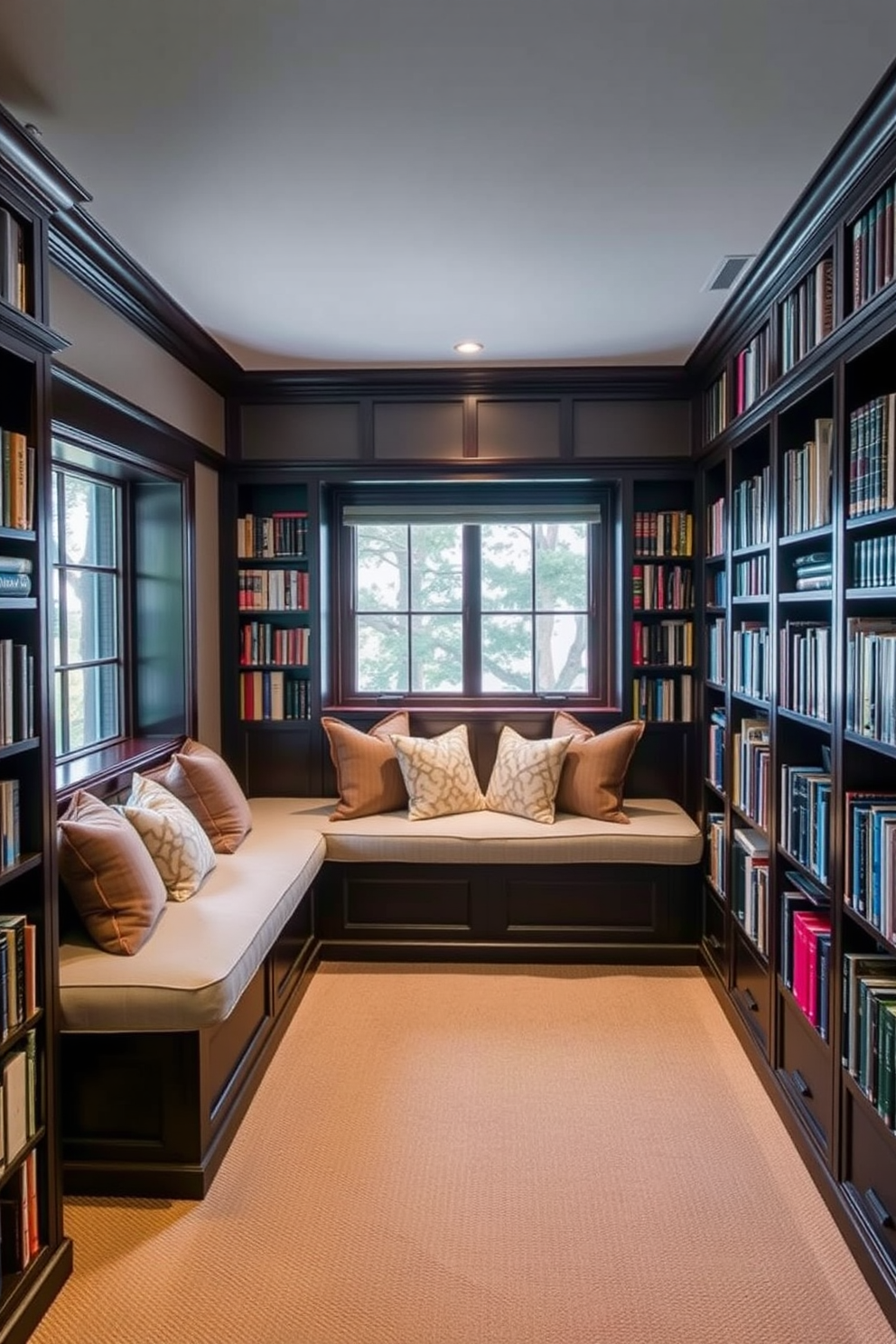 A cozy basement home library featuring a window seat adorned with plush cushions for ultimate comfort. The walls are lined with dark wood bookshelves filled with an extensive collection of books, while soft lighting creates a warm and inviting atmosphere.