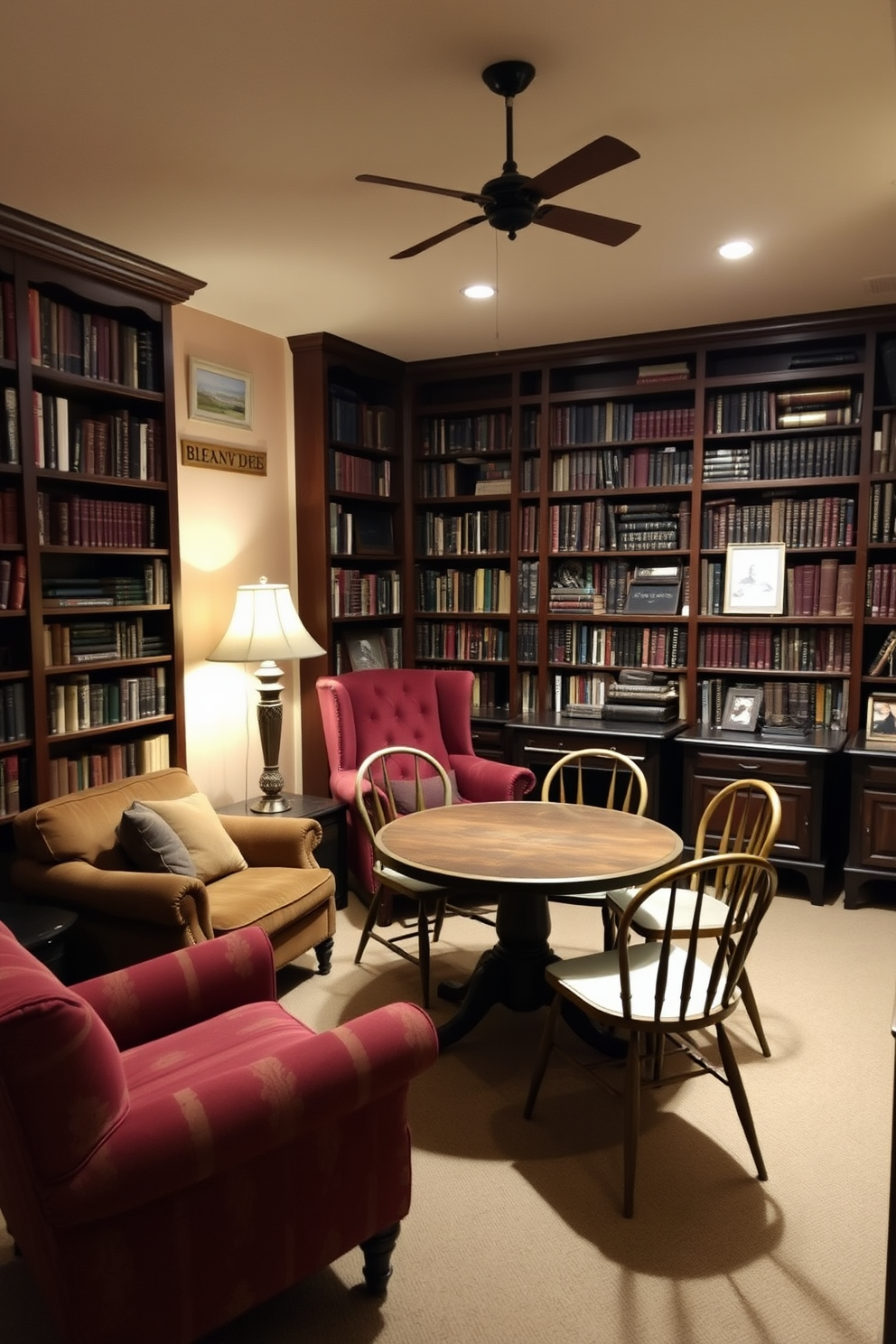 A cozy basement home library filled with vintage furniture creates a charming atmosphere. There is a large wooden bookshelf lined with classic novels and a plush armchair upholstered in rich, deep colors. A round wooden table sits in the center, surrounded by mismatched vintage chairs. Soft, warm lighting from a vintage floor lamp illuminates the space, enhancing the inviting ambiance.