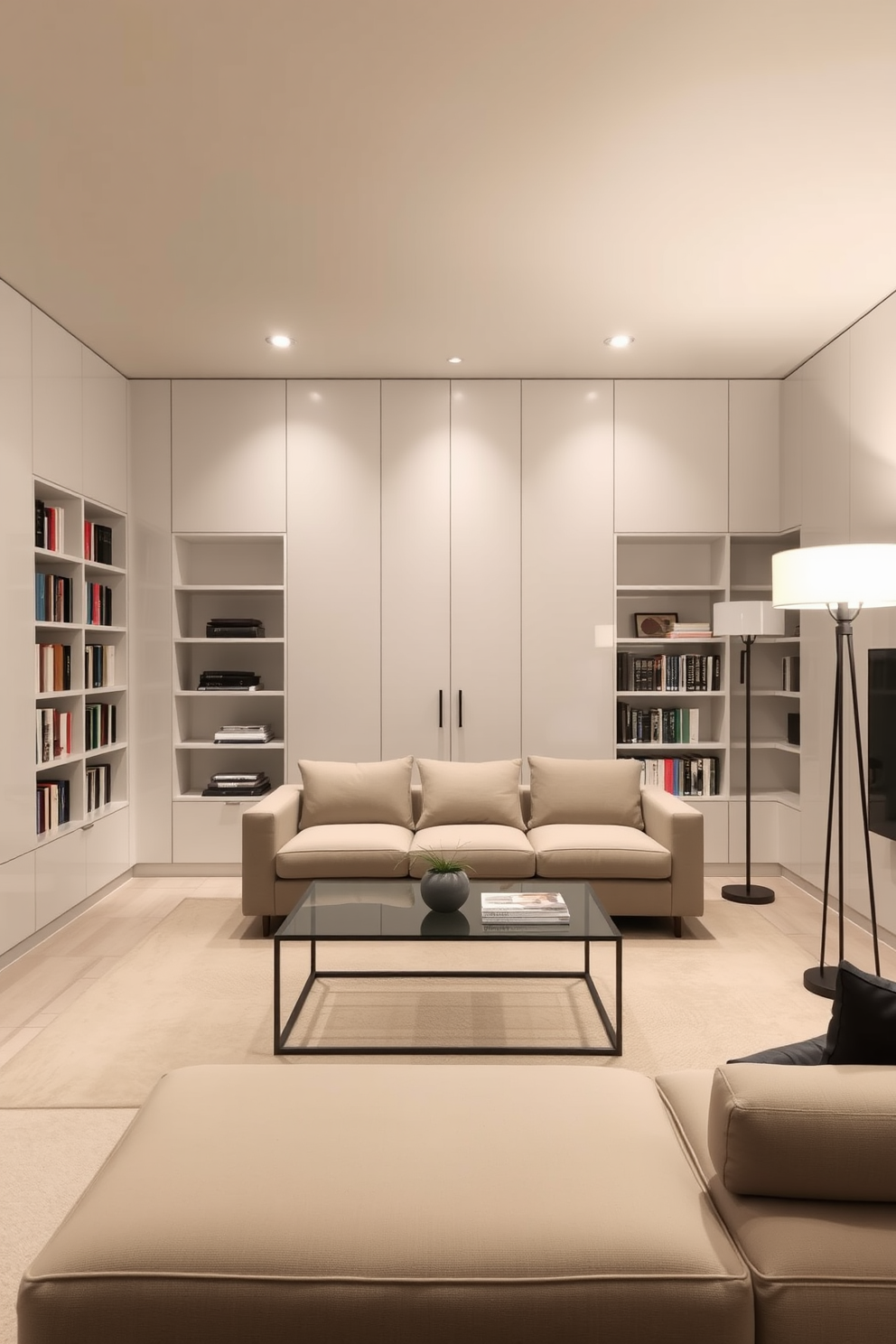 A minimalist basement home library features sleek lines and a neutral color palette. The space includes built-in shelving that seamlessly integrates with the walls, creating an uncluttered and airy atmosphere. A large, low-profile sofa faces a modern coffee table made of glass and metal. Soft, ambient lighting is provided by recessed fixtures and a stylish floor lamp, enhancing the serene and sophisticated vibe of the library.