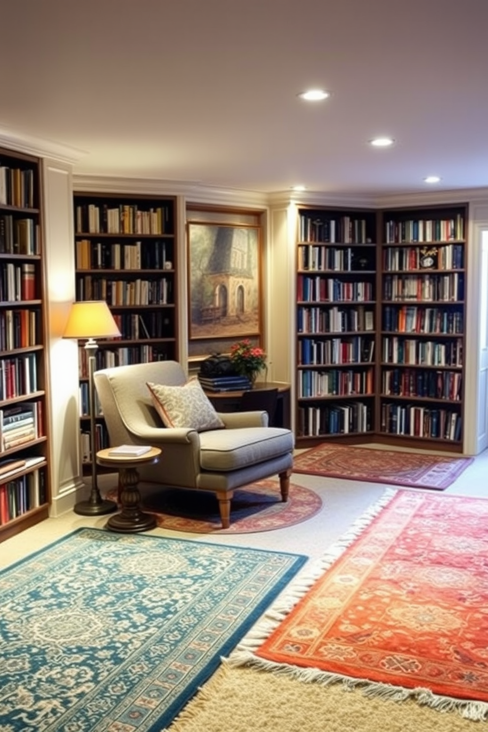 A cozy basement home library filled with warm rugs that add texture and warmth. The space features tall bookshelves lined with books, a comfortable reading chair, and soft ambient lighting.