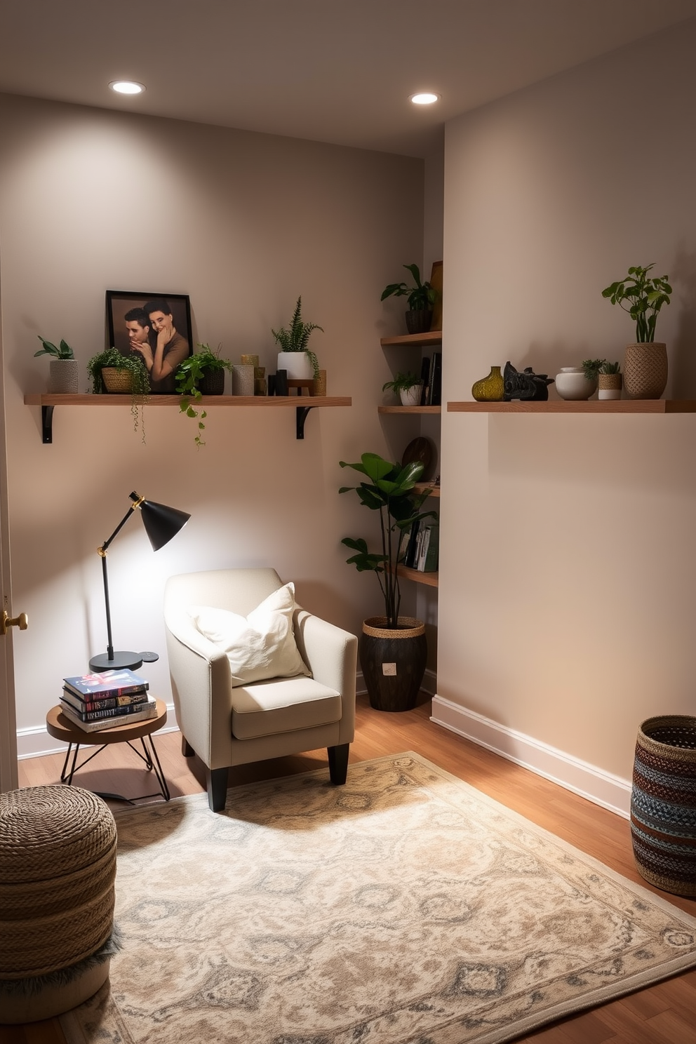 A cozy nook bathed in natural light features a comfortable armchair positioned beside a large window. Soft, sheer curtains flutter gently, creating a warm and inviting atmosphere. The space is accented with a small side table holding a stack of books and a steaming cup of coffee. A plush area rug anchors the seating area, adding texture and warmth to the basement home office design.