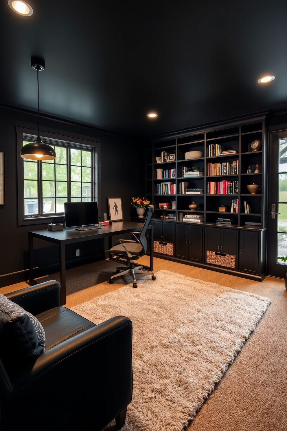 A stylish basement home office designed for maximum soundproofing. The walls are lined with sleek acoustic panels in a soft gray hue, creating a tranquil atmosphere for focused work. A modern desk made of reclaimed wood sits in the center, paired with an ergonomic chair for comfort. Large windows with blackout curtains allow natural light while maintaining privacy and reducing noise.