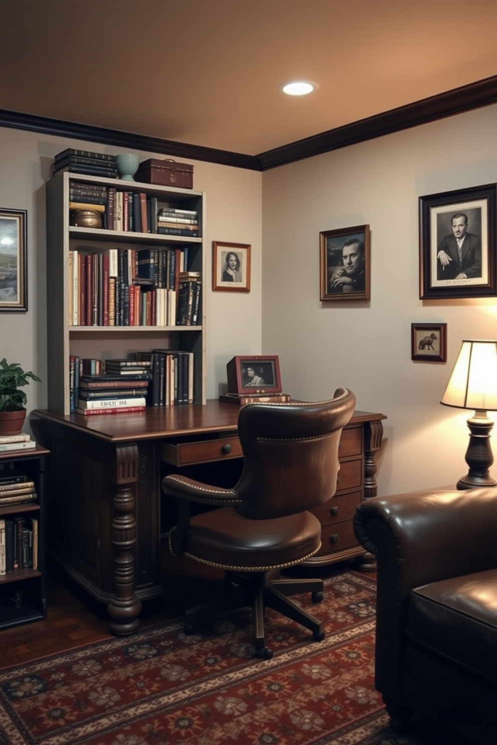 A stylish basement home office features a large desk made of reclaimed wood positioned against a wall adorned with vibrant abstract wall art. The room is illuminated by soft, warm lighting, creating an inviting atmosphere for productivity. The walls are painted in a light gray hue, complementing the colorful artwork and enhancing the overall aesthetic. A comfortable ergonomic chair is placed at the desk, while a plush area rug adds warmth to the space.