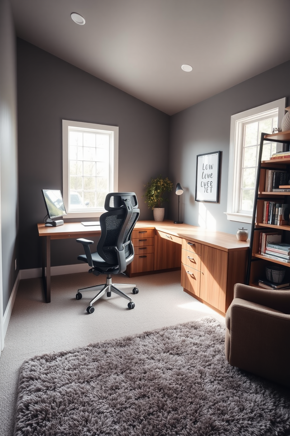 An L-shaped desk is positioned in the corner of the basement home office, maximizing space and creating an efficient layout. The desk features a sleek finish with ample storage drawers, complemented by a comfortable ergonomic chair. Soft ambient lighting illuminates the room, enhancing the cozy atmosphere. The walls are painted in a warm taupe color, and a large bookshelf filled with books and decorative items lines one side of the room.