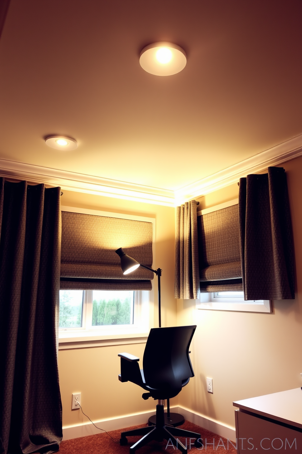 A cozy basement home office features warm wood tones throughout. The walls are lined with rich wooden paneling, and a large wooden desk sits in the center of the room, complemented by a plush leather chair. Soft ambient lighting creates an inviting atmosphere, with a stylish floor lamp beside the desk. Shelves made of reclaimed wood display books and personal mementos, adding character to the space.