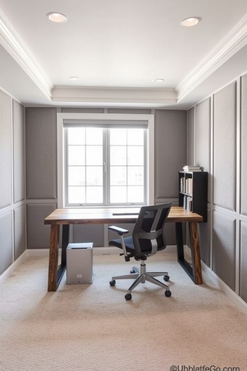 A modern basement home office features a sleek desk positioned against a wall with built-in shelving. Task lighting is provided by an adjustable desk lamp that casts a warm glow, creating an inviting atmosphere for focused work. The walls are painted in a soft gray tone, complementing the rich wood flooring. A comfortable ergonomic chair is placed at the desk, while a cozy rug adds texture to the space, enhancing the overall design.