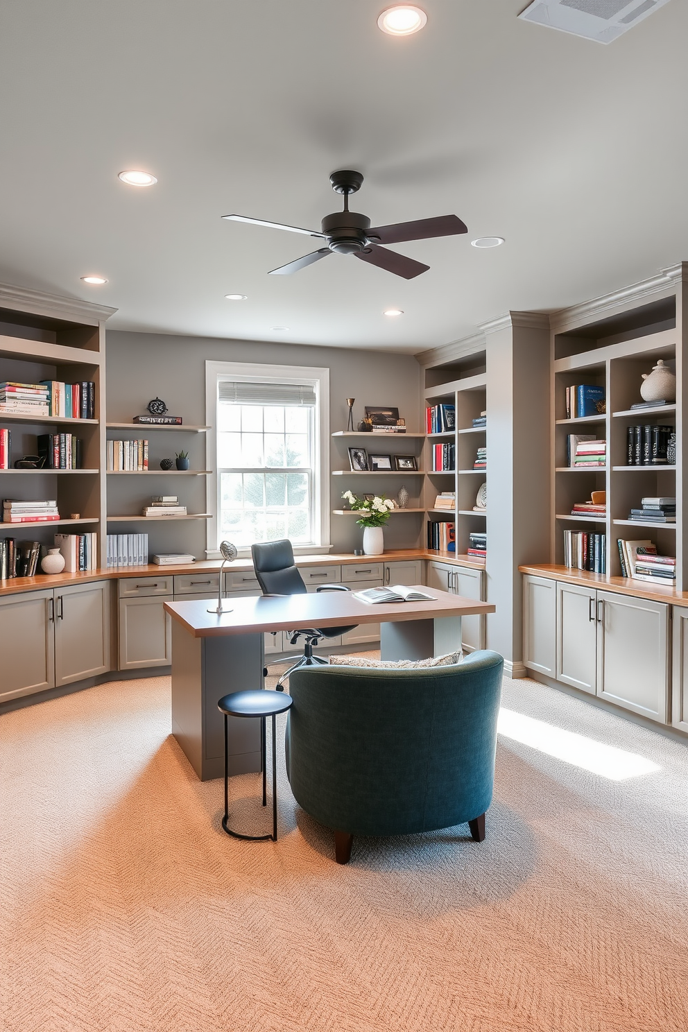 A modern basement home office featuring glass partitions that create an open and airy atmosphere. The space is adorned with sleek furniture, including a minimalist desk and an ergonomic chair, complemented by warm lighting fixtures. The walls are painted in a soft gray hue, enhancing the sense of spaciousness. A plush area rug lies under the desk, and a few potted plants add a touch of greenery to the environment.