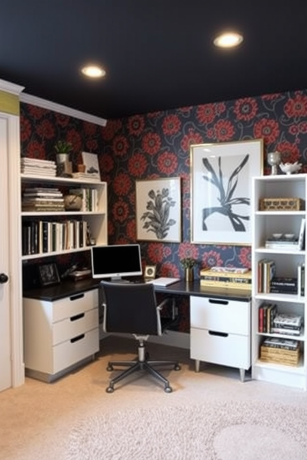 A serene basement home office designed with a neutral palette creates a calming atmosphere. The space features a light gray wall color complemented by warm beige accents throughout the furnishings. A sleek wooden desk sits against one wall, paired with a comfortable upholstered chair in soft tones. Natural light filters in through a large window, enhancing the tranquil vibe of the room.