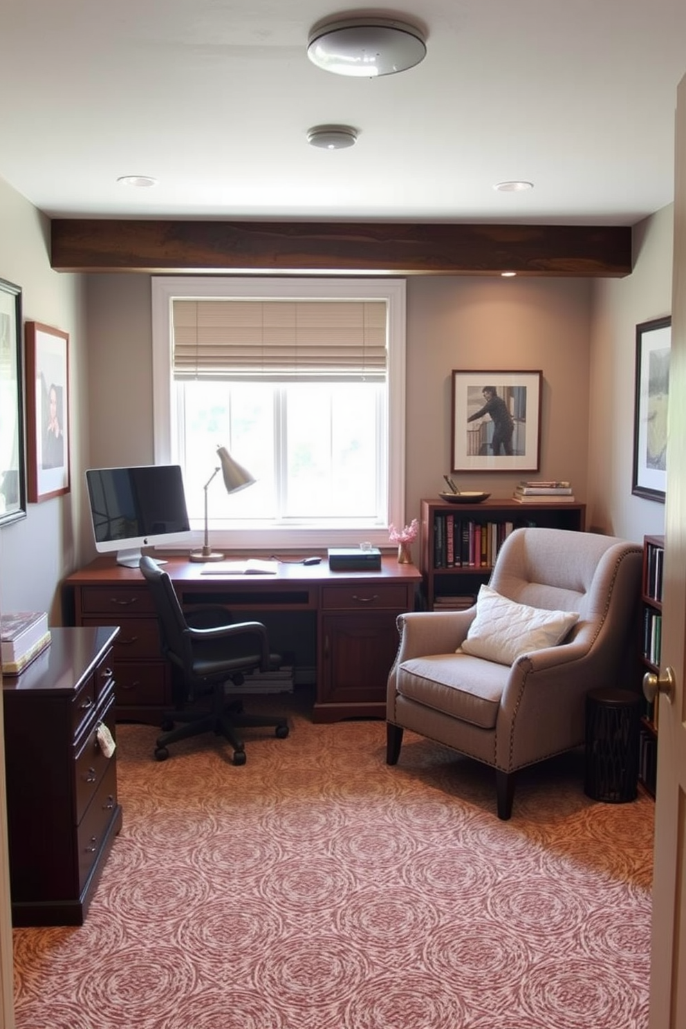 A modern basement home office features a sleek wall-mounted desk that maximizes space while providing a functional workspace. The walls are painted in a soft gray, and the floor is covered with a warm wood finish, creating an inviting atmosphere. Above the desk, open shelving holds books and decorative items, adding personality to the space. A comfortable ergonomic chair is positioned at the desk, and a stylish floor lamp provides ample lighting for late-night work sessions.