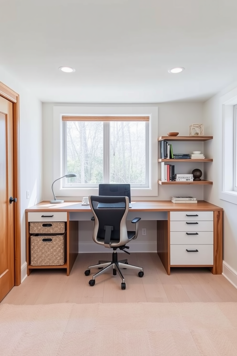 A spacious basement home office featuring minimalist furniture that emphasizes clean lines and functionality. The desk is sleek and simple, paired with a modern ergonomic chair, while open shelving provides a clutter-free workspace.