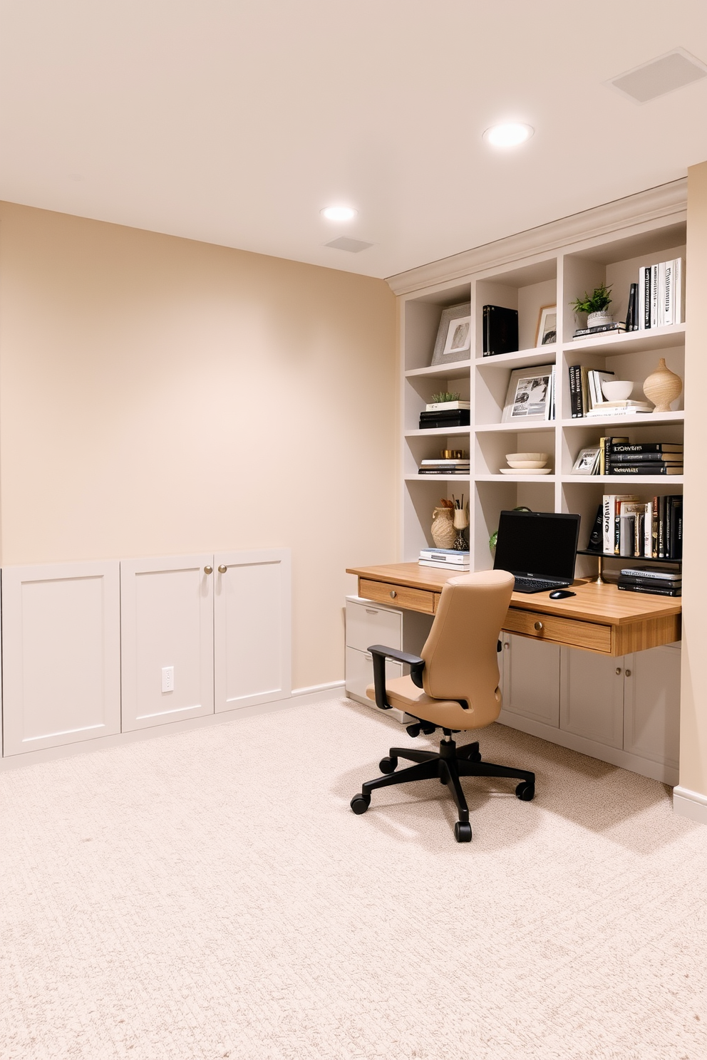 A cozy basement home office featuring textured fabrics for added warmth. The walls are painted in a soft gray, and a plush area rug anchors the seating area, complemented by a deep blue velvet sofa. A large wooden desk sits against one wall, adorned with a sleek lamp and a few decorative books. Floor-to-ceiling windows allow natural light to flood the space, while sheer curtains soften the light and enhance the inviting atmosphere.