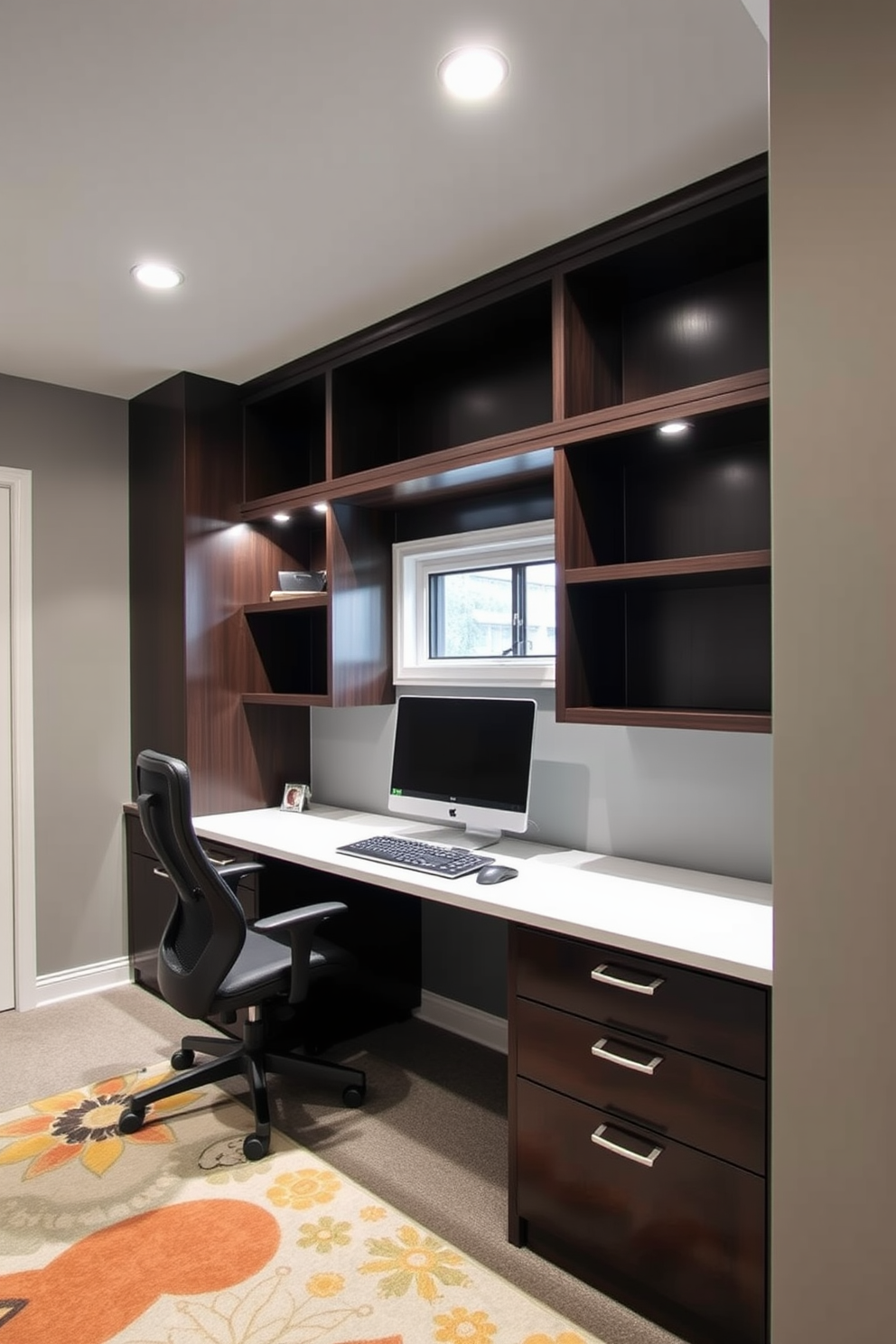 A cozy basement home office featuring a small meeting area. The space includes a round wooden table surrounded by four upholstered chairs in a soft gray fabric. The walls are painted a light beige, creating an inviting atmosphere. A large window allows natural light to flood the room, complemented by warm recessed lighting overhead.