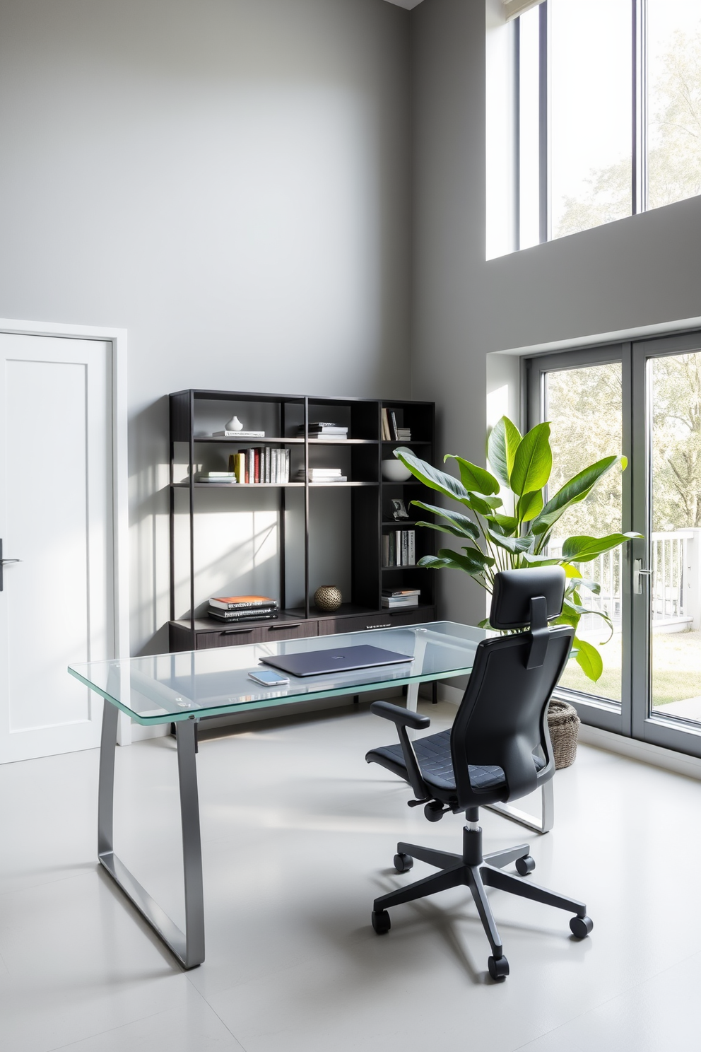 A contemporary basement home office features sleek floating shelves that provide both storage and a modern aesthetic. The walls are painted in a soft gray, creating a calming backdrop for the workspace.