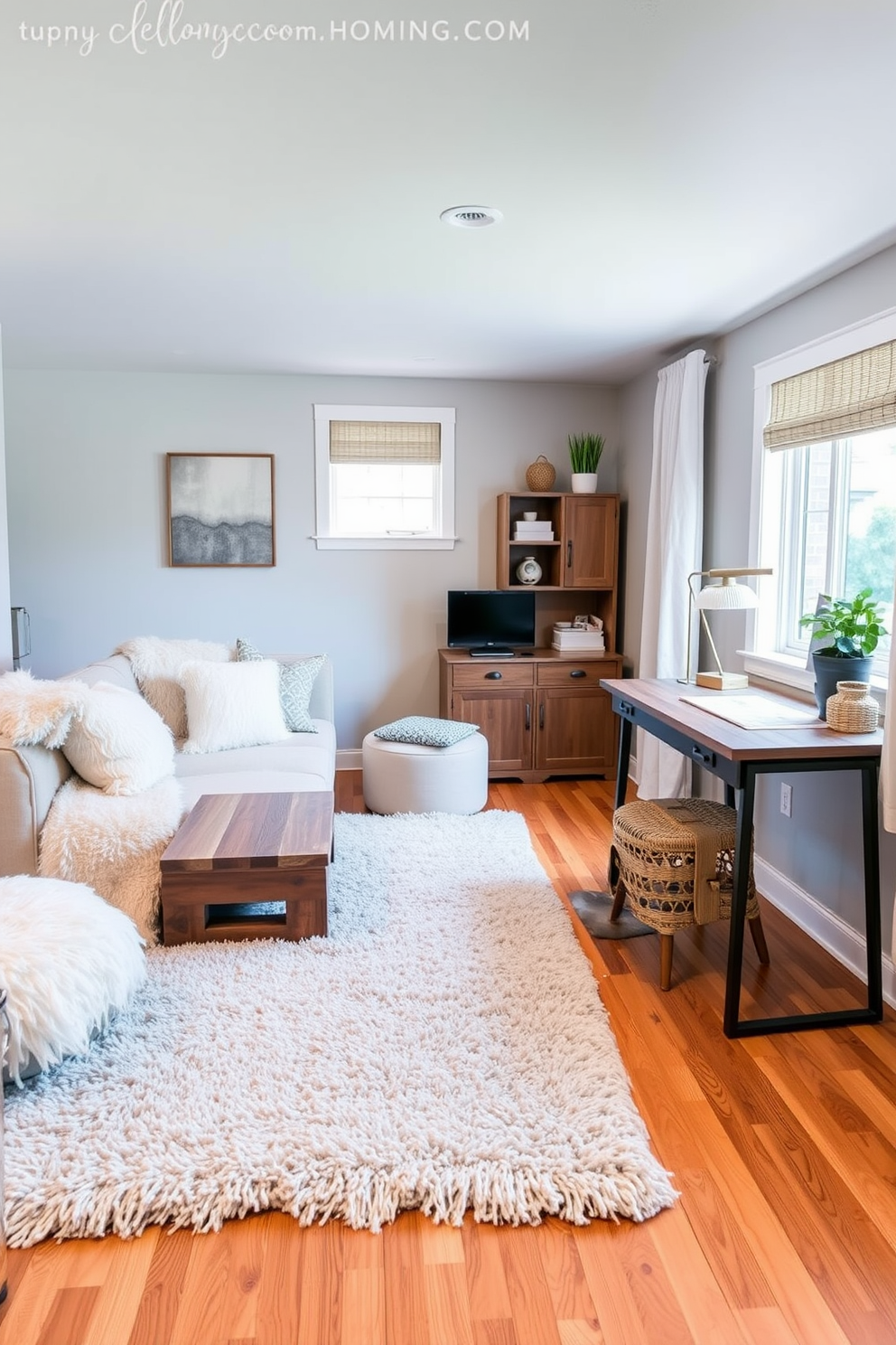 A cozy basement home office designed for productivity and comfort. The space features a sleek wooden desk positioned against a wall with built-in shelves filled with books and decorative items. To the left of the desk, a comfortable ergonomic chair invites long hours of work. A coffee station with a stylish coffee maker and a small fridge is set against the opposite wall, providing easy access to refreshments.