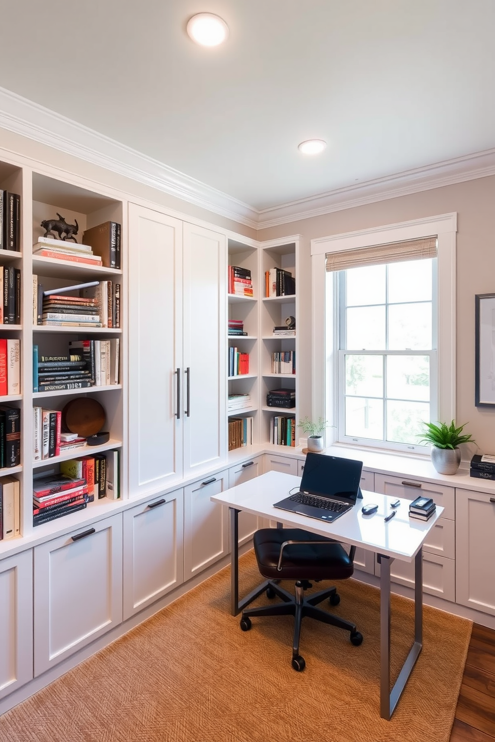 A vibrant basement home office designed to energize creativity. The walls are painted in a bold cobalt blue, complemented by a striking orange accent wall featuring a large whiteboard for brainstorming. The workspace includes a sleek black desk with a bright yellow ergonomic chair. Shelving units in vivid green display colorful books and decorative items, creating an inspiring atmosphere.