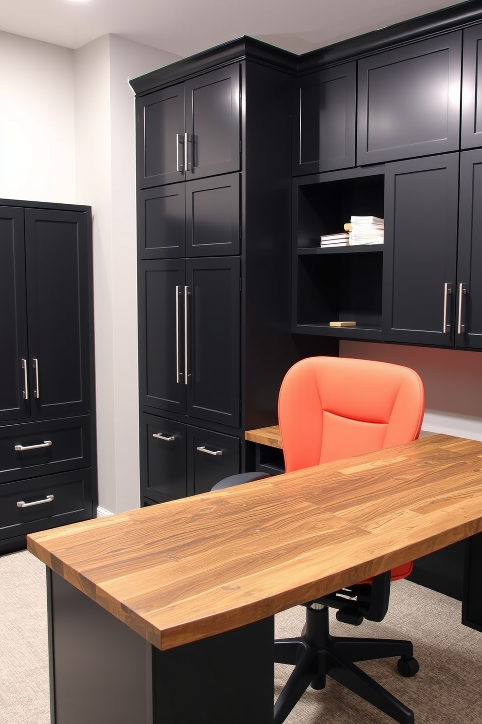 A modern basement home office featuring smart technology for enhanced efficiency. The space is designed with sleek furniture, including a standing desk and ergonomic chair, complemented by built-in shelves filled with books and decorative items. Large windows provide natural light, while smart lighting adjusts automatically based on the time of day. The walls are painted in a calming blue tone, and a plush area rug adds warmth to the room.