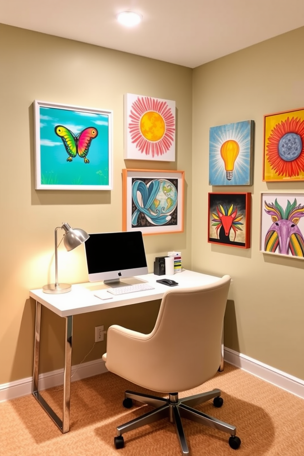 A basement home office featuring a bold accent wall painted in deep navy blue. The space includes a sleek wooden desk with a modern ergonomic chair, complemented by a stylish bookshelf filled with books and decorative items.