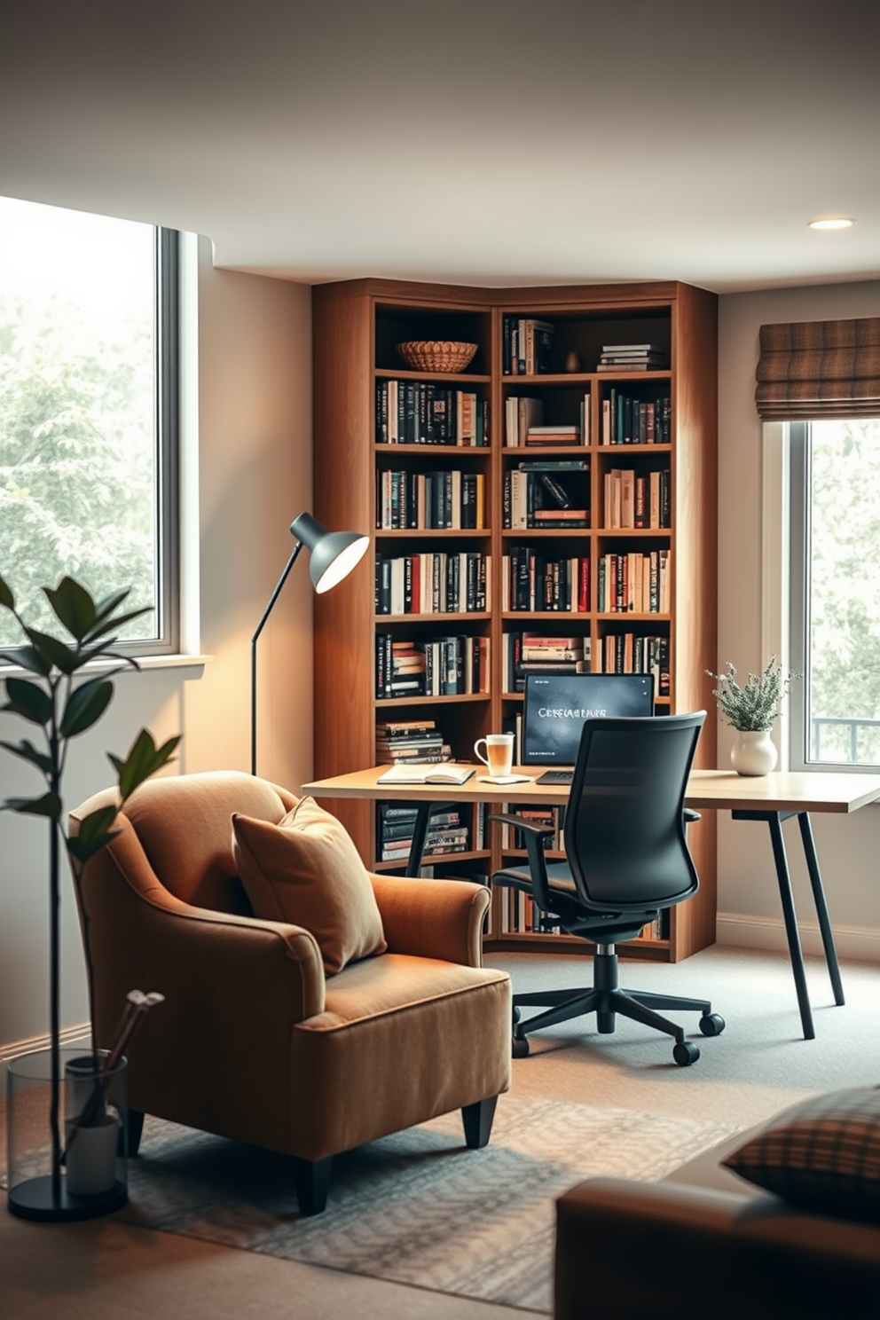 A cozy basement home office featuring a mix of materials for visual interest. The walls are painted a soft gray, and a reclaimed wood accent wall adds warmth to the space. A large, industrial-style desk made of metal and wood sits in the center, complemented by a plush velvet chair. A woven rug in neutral tones anchors the seating area, and a sleek bookshelf made of black metal showcases decorative items and books.