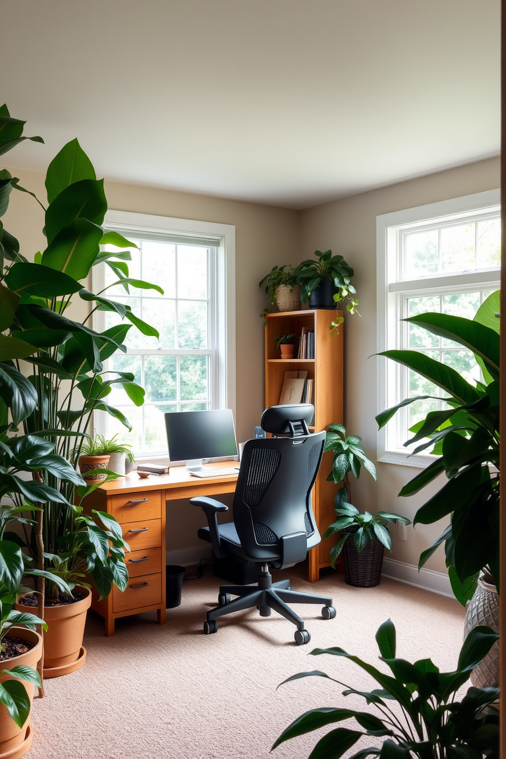 A cozy basement home office featuring layered lighting to create a warm ambiance. The space includes a large wooden desk positioned under a stylish pendant light, complemented by soft wall sconces and a floor lamp in the corner.