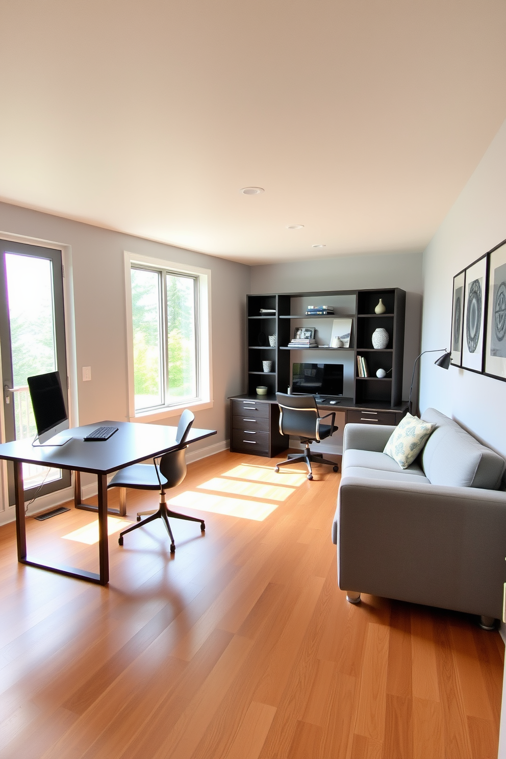 A modern basement home office features built-in shelves that provide organized storage for books and office supplies. The shelves are crafted from dark wood, creating a warm contrast against the light-colored walls, while a sleek desk is positioned in front of a large window that allows natural light to flood the space.