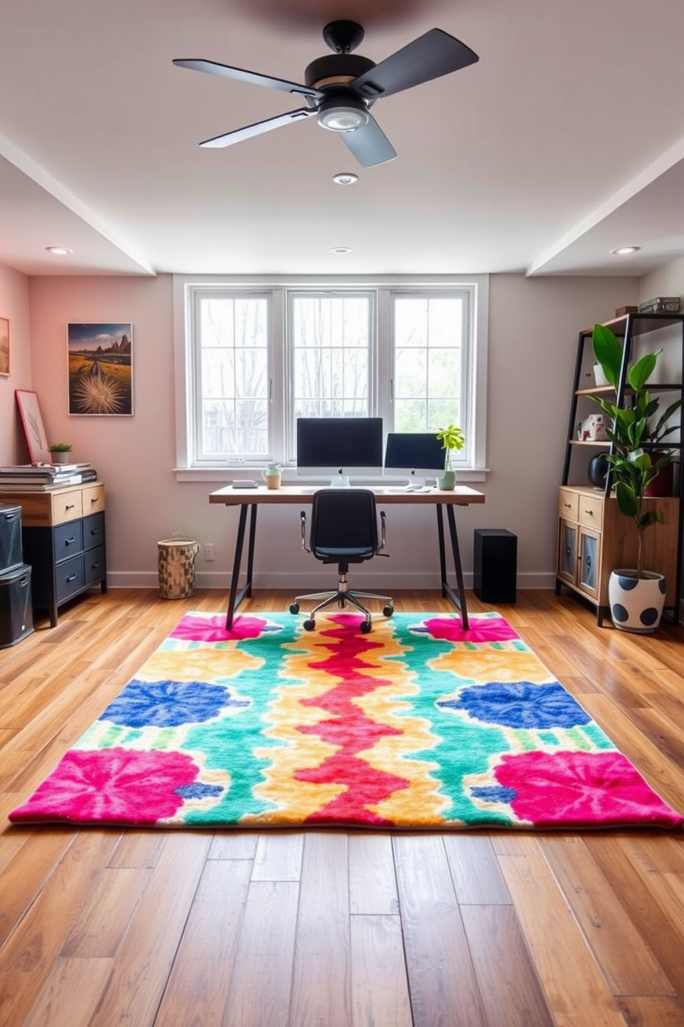 A cozy basement home office featuring colorful rugs that define the workspace. The rugs are layered in vibrant patterns, adding warmth and personality to the otherwise neutral-toned room. The office desk is positioned against a wall adorned with inspirational artwork. A comfortable chair complements the desk, and shelves filled with books and plants create an inviting atmosphere.