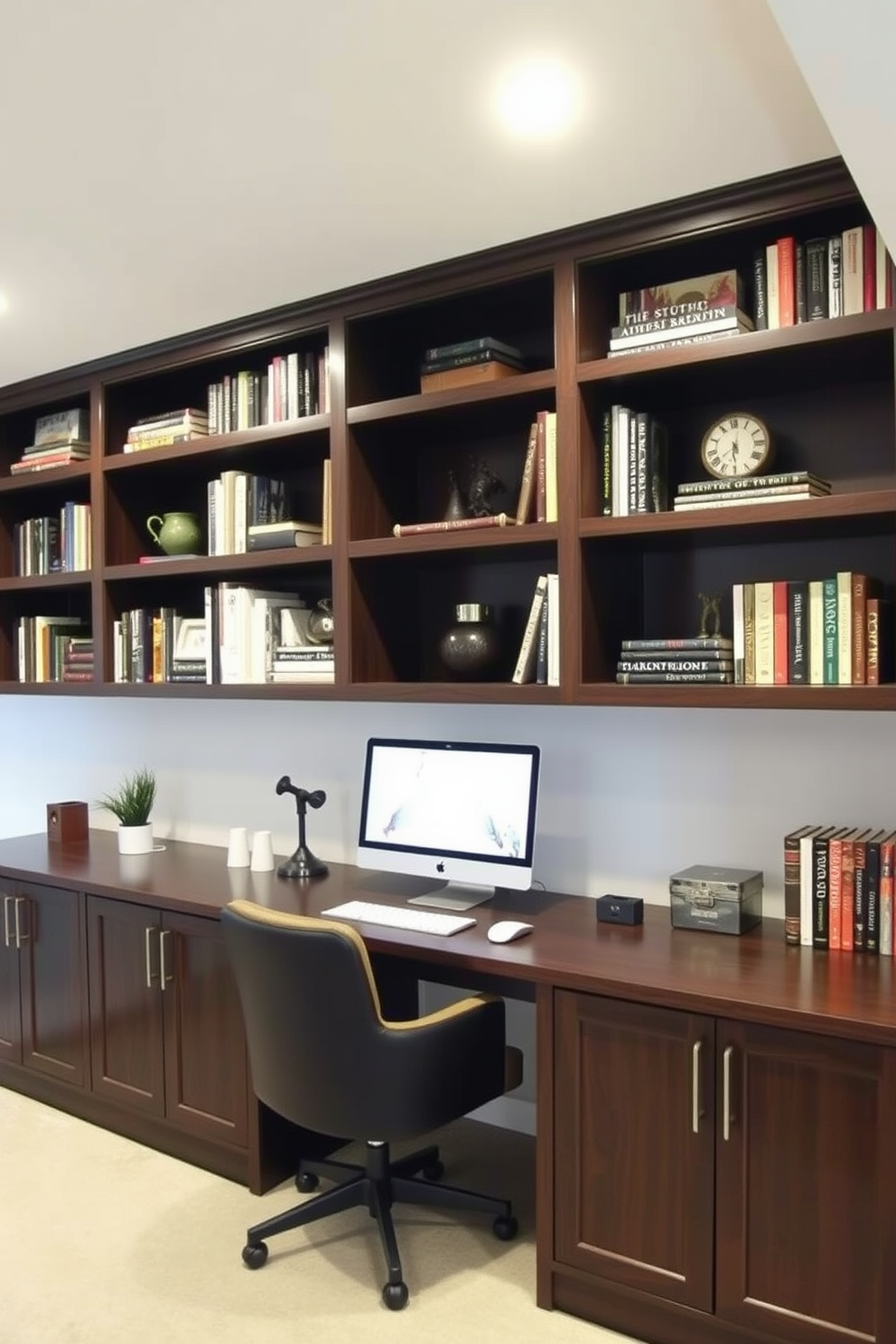 A cozy basement home office filled with vintage decor that adds unique character. The room features a large wooden desk with intricate carvings and a comfortable leather armchair, surrounded by shelves filled with antique books and curiosities. Soft, warm lighting emanates from a vintage floor lamp, illuminating a patterned area rug that adds texture to the space. Framed artwork and vintage photographs adorn the walls, creating an inviting atmosphere that inspires creativity and productivity.