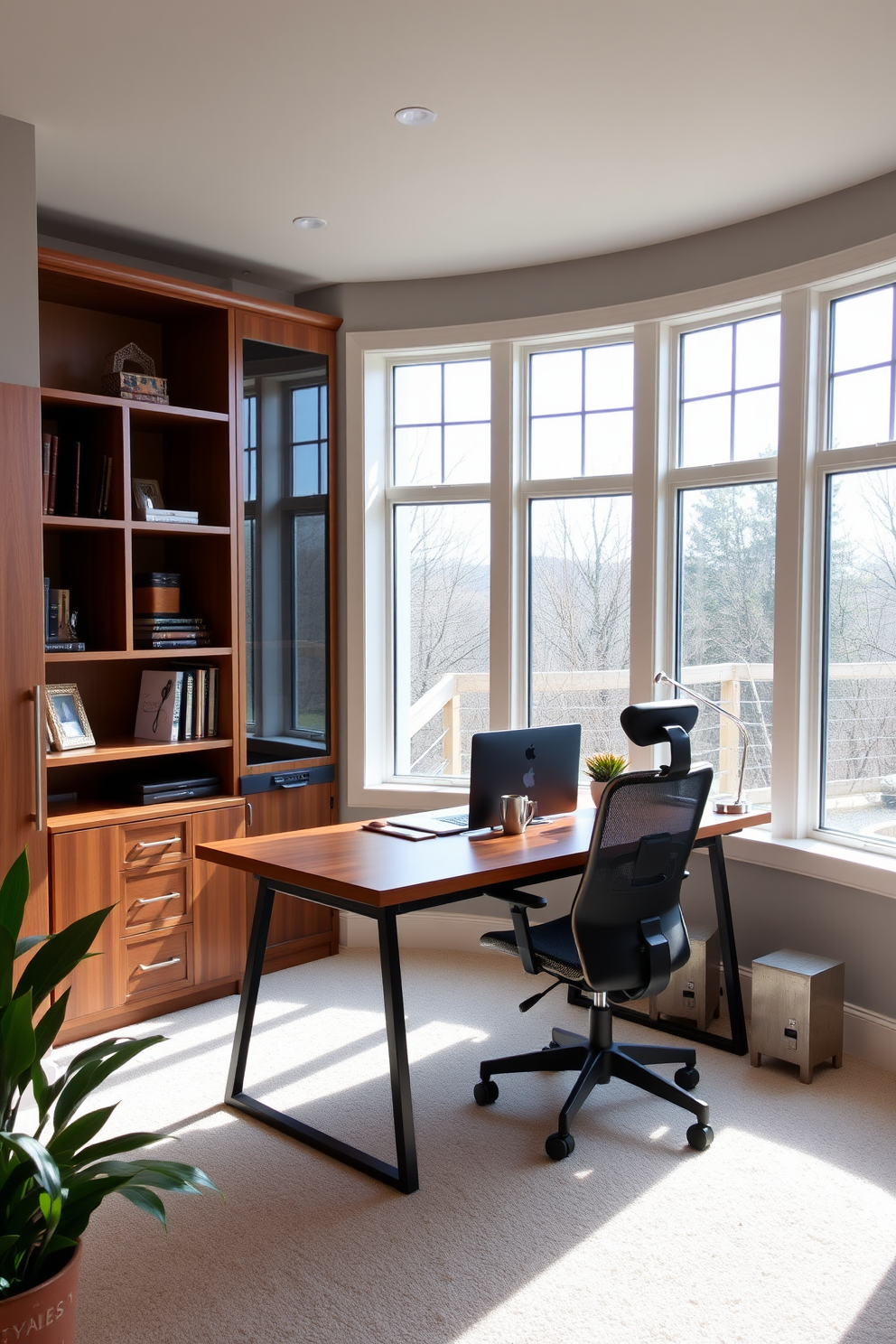 A cozy basement home office design featuring lush green plants that bring a fresh vibe to the space. The room is illuminated by natural light streaming through a small window, highlighting a sleek wooden desk paired with an ergonomic chair. On one side of the room, a variety of potted plants in different sizes are strategically placed to create an inviting atmosphere. The walls are painted in a soft neutral tone, and a comfortable reading nook with a plush armchair and a small bookshelf completes the design.