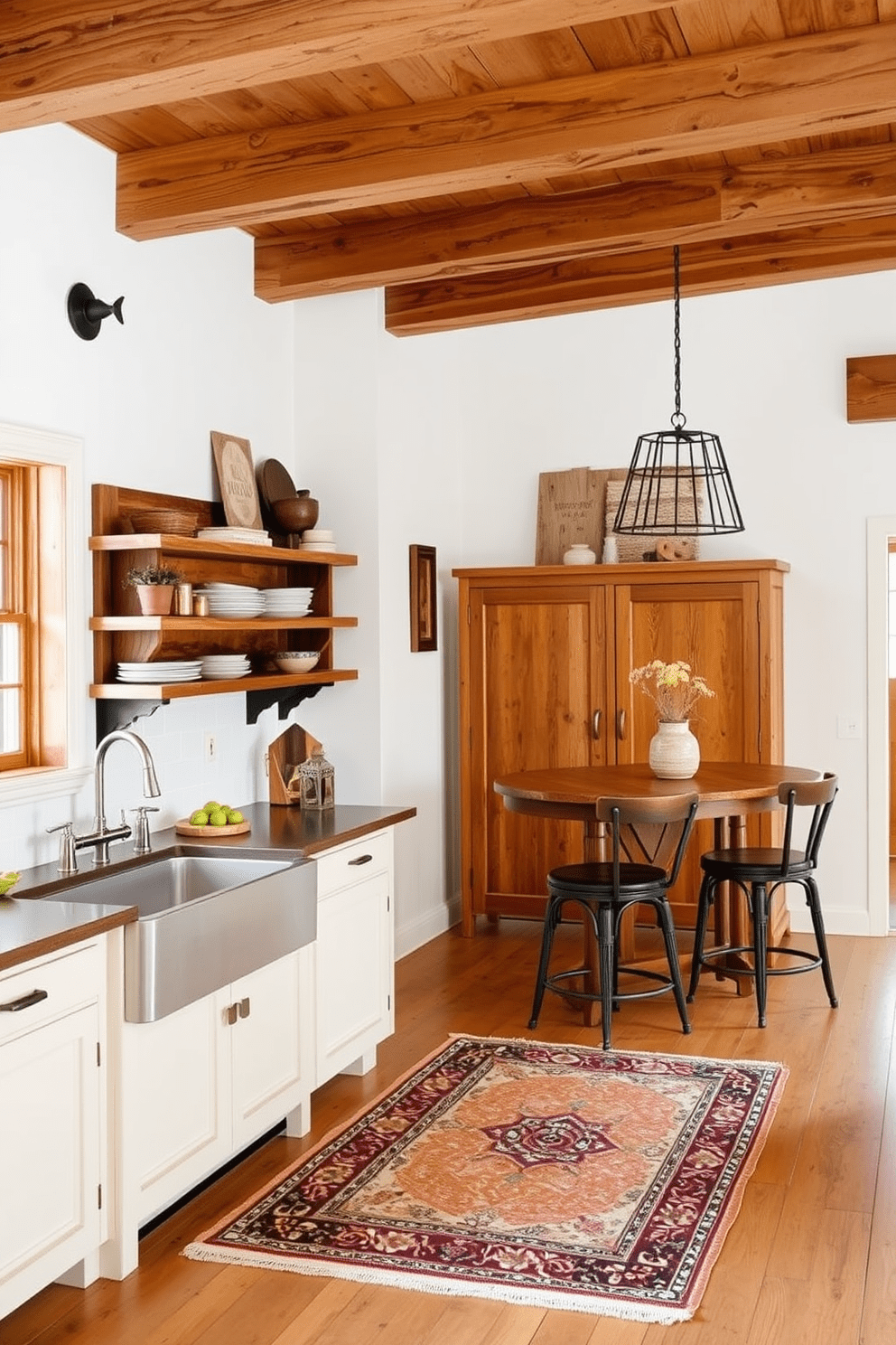 Cozy farmhouse style with wood accents. The kitchen features a large farmhouse sink, open shelving made from reclaimed wood, and a rustic wooden island with bar stools. The walls are painted in a soft white, complemented by exposed wooden beams overhead. A vintage-style rug lies beneath the island, adding warmth and texture to the space.