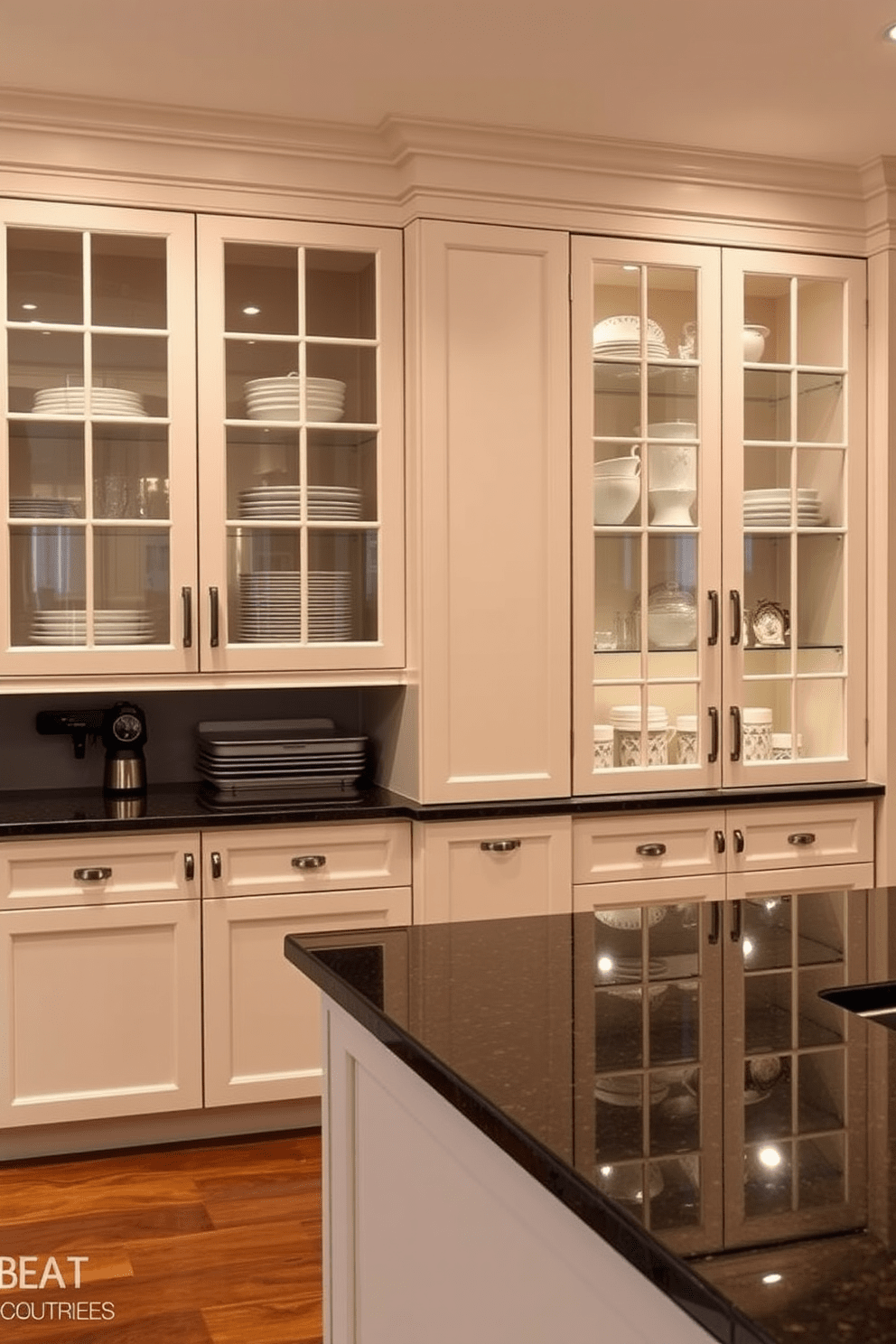 Elegant cabinetry with glass doors creates a stunning focal point in the basement kitchen. The sleek design features a mix of open shelving and closed storage, showcasing beautiful dishware and adding a touch of sophistication. The countertop is a rich, dark granite that contrasts beautifully with the light cabinetry. Soft, ambient lighting highlights the glass doors, creating an inviting atmosphere for cooking and entertaining.