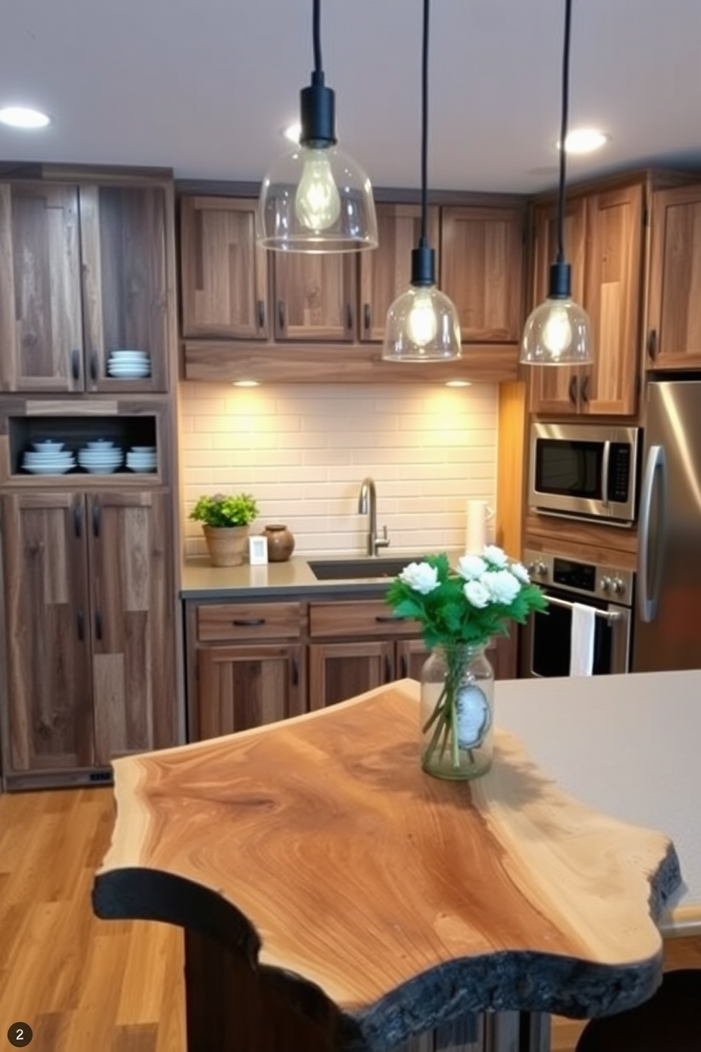 A cozy basement kitchen featuring reclaimed wood elements throughout the design. The cabinets are crafted from distressed reclaimed wood, providing a rustic charm, while the open shelving showcases vintage dishware and plants. The kitchen island is made from a large slab of reclaimed wood, topped with a sleek countertop that contrasts beautifully with the warm tones of the wood. Pendant lights hang above the island, adding a modern touch to the inviting space.