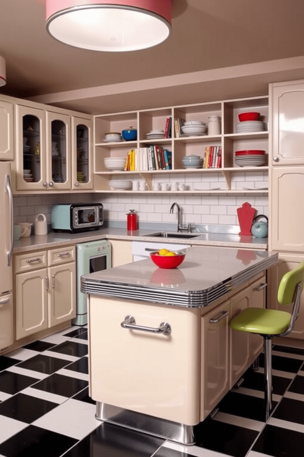 A vintage-inspired basement kitchen features retro appliances that evoke a sense of nostalgia. The cabinetry is painted in a soft pastel hue, complemented by checkerboard flooring in black and white. The kitchen island showcases a classic diner-style countertop with chrome accents. Open shelves display colorful dishware and vintage cookbooks, adding charm and character to the space.