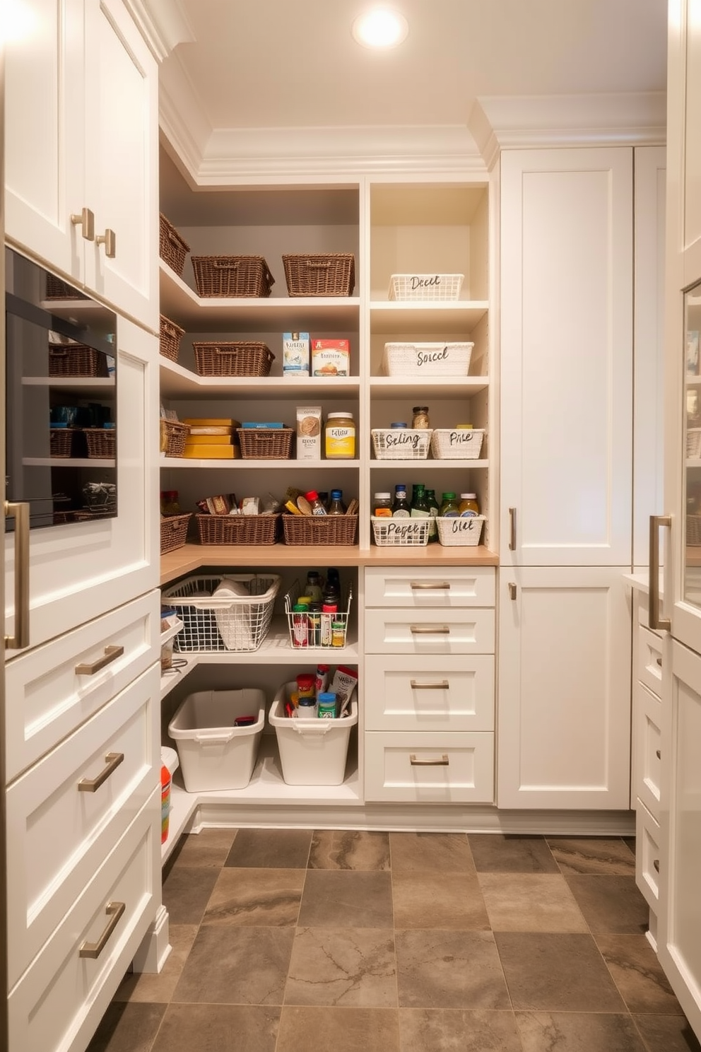 A functional pantry designed for organized storage features custom shelving that maximizes space and keeps items easily accessible. The cabinetry is a soft white with brushed nickel hardware, and the floor is tiled in a durable gray that complements the overall aesthetic. Incorporated into the design are labeled bins and baskets for dry goods, while a pull-out spice rack is conveniently positioned near the cooking area. Warm LED lighting illuminates the pantry, creating a welcoming atmosphere for meal prep and organization.