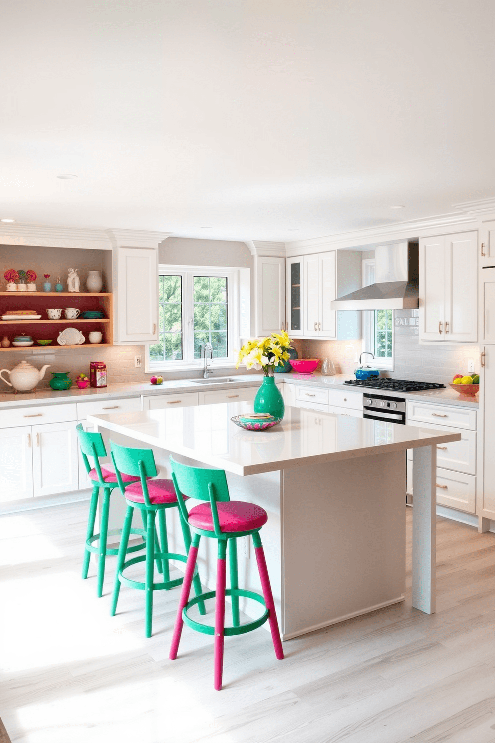 A spacious basement kitchen featuring a neutral palette with white cabinetry and light gray countertops. Bright pops of color are introduced through vibrant bar stools and decorative kitchenware, creating an inviting and cheerful atmosphere. The kitchen island serves as a focal point, with a sleek design and ample seating for casual dining. Large windows allow natural light to flood the space, highlighting the colorful accents and enhancing the overall warmth of the room.