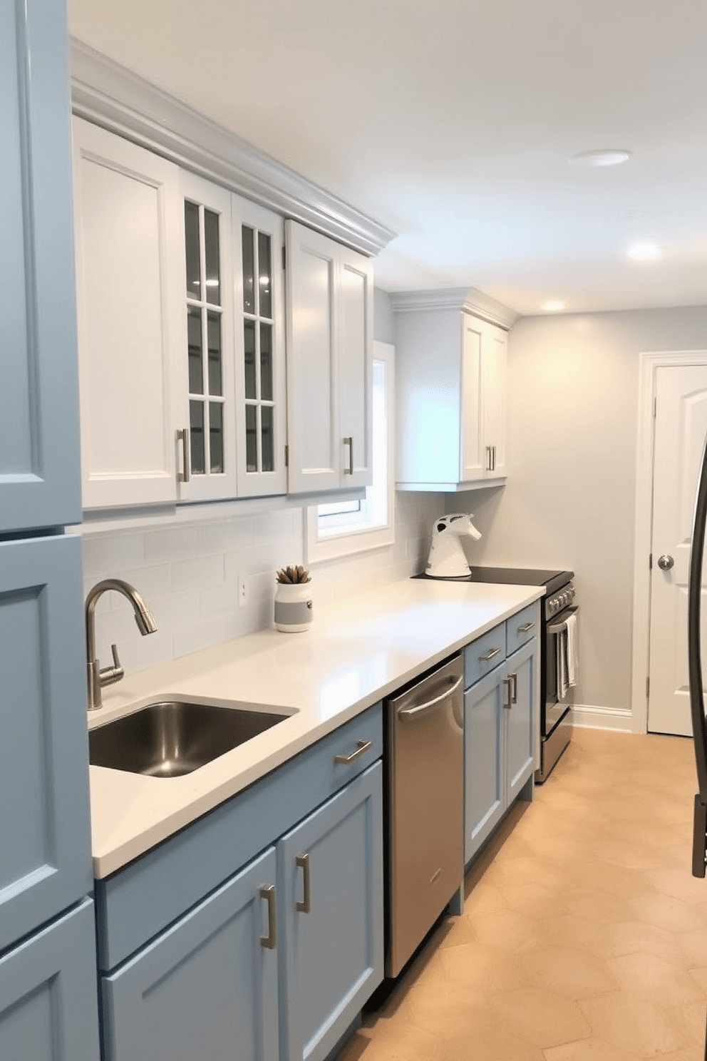 A cozy basement kitchen designed with a coastal theme. Light blue accents are present in the cabinetry and backsplash, creating a serene atmosphere. The countertops are made of white quartz, complementing the sandy beige flooring. Natural light filters in through a small window, enhancing the airy feel of the space.