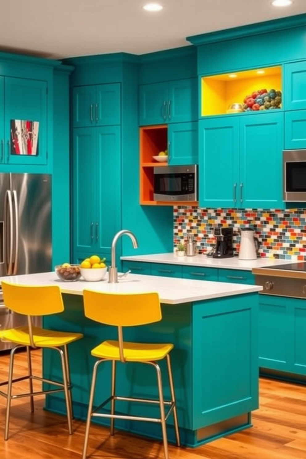 A vibrant basement kitchen featuring bold color pops that create a lively atmosphere. The cabinetry is painted in a striking teal shade, complemented by bright yellow bar stools at a sleek kitchen island. The backsplash showcases a mosaic of colorful tiles, adding a playful touch to the space. Modern stainless steel appliances shine against the vivid hues, enhancing the contemporary feel of the kitchen.