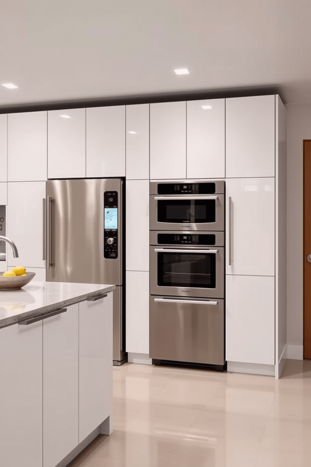 A sleek basement kitchen featuring smart appliances seamlessly integrated into the design. The cabinetry is a glossy white with minimalist handles, and the countertops are a durable quartz in a light gray hue. A built-in refrigerator with a touch screen and a smart oven are positioned for easy access. The layout includes an island with bar seating, perfect for casual dining and entertaining.