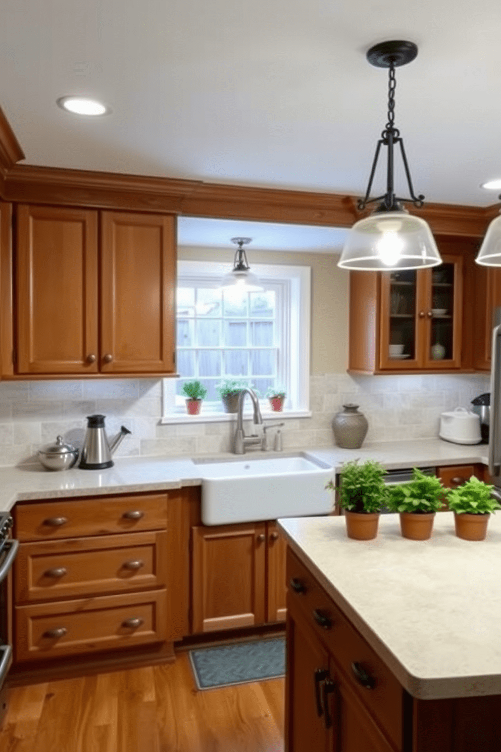 A cozy basement kitchen featuring warm wood cabinetry and a large island with bar seating. Soft pendant lights hang above the island, illuminating the space and creating an inviting ambiance. The walls are painted in a soft beige, complemented by a rustic backsplash of light-colored tiles. A farmhouse sink sits beneath a window, surrounded by potted herbs that add a touch of greenery.