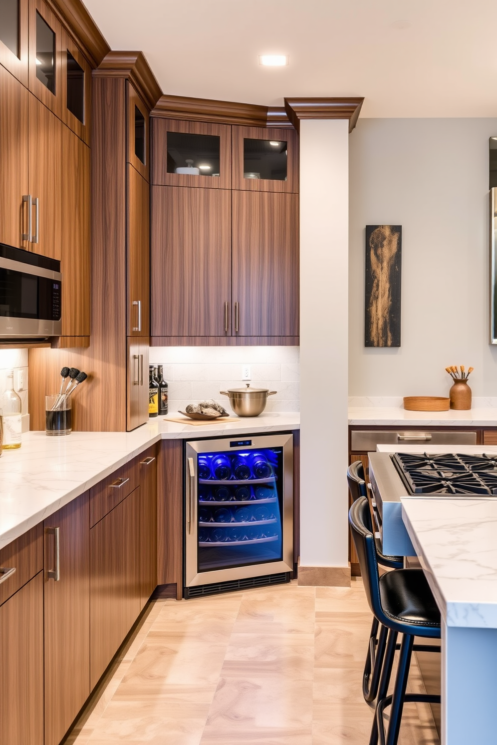 A stylish basement kitchen designed for entertaining features an integrated wine cooler seamlessly built into the cabinetry. The space showcases sleek, modern appliances with a large island that invites social interaction, complemented by barstool seating.