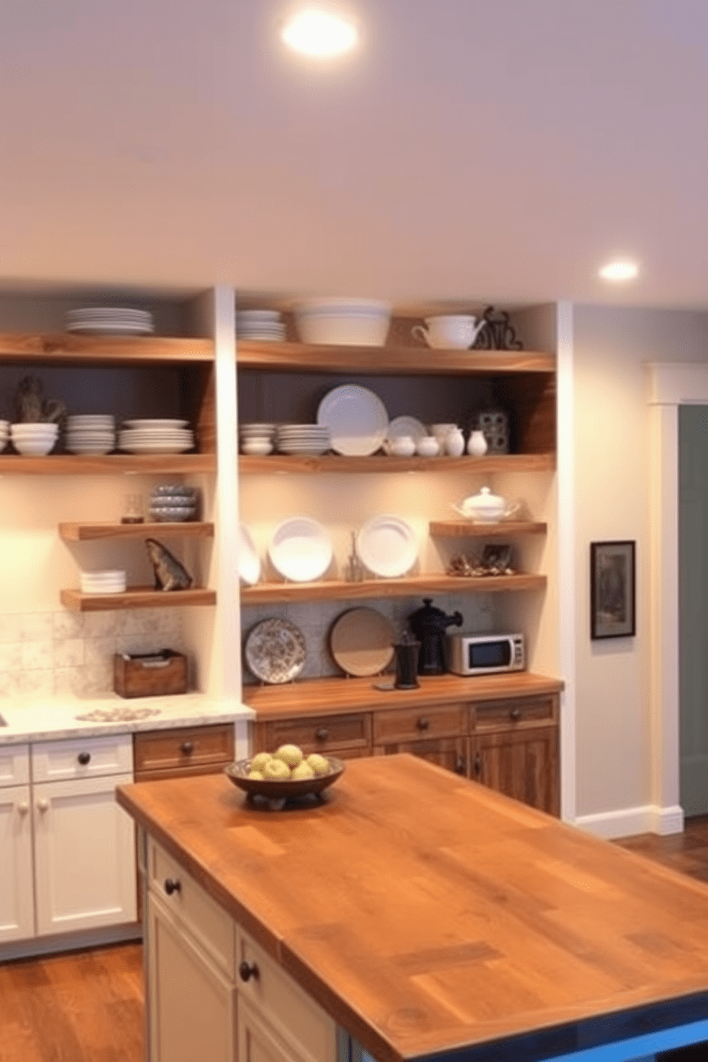 Custom shelving for added display space. The shelves are crafted from reclaimed wood, featuring a rustic finish that complements the warm tones of the basement kitchen. The kitchen layout is open and inviting, with a large island at the center topped with a butcher block surface. Soft, ambient lighting illuminates the space, highlighting the unique display of dishes and decorative items on the shelves.